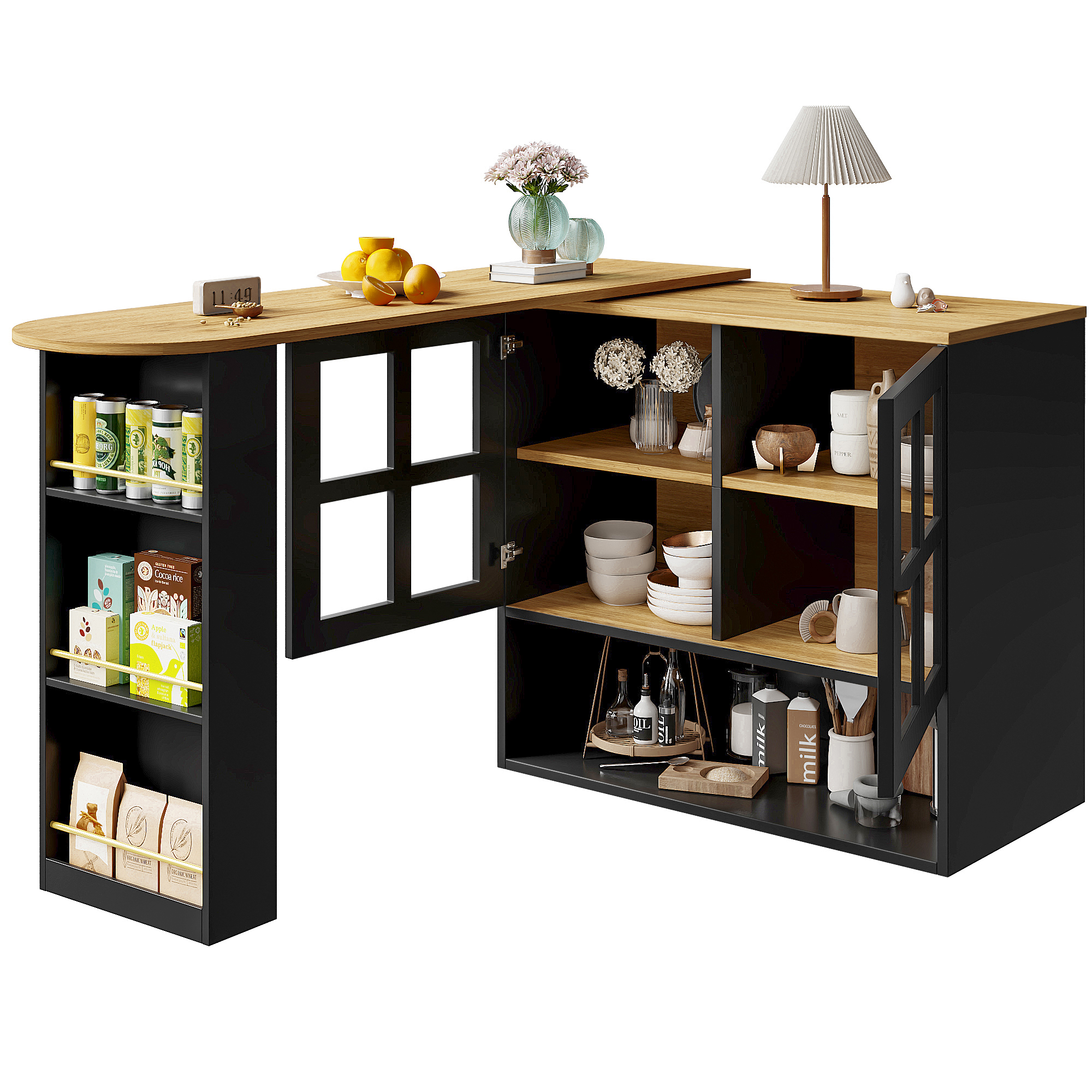 Buffet haut 138 cm extensible à 204 cm, portes verre trempé, poignées métal, MDF, pour salon et entrée, design élégant, beaucoup de rangement, style moderne, stabilité, facile montage, décoration - image 18