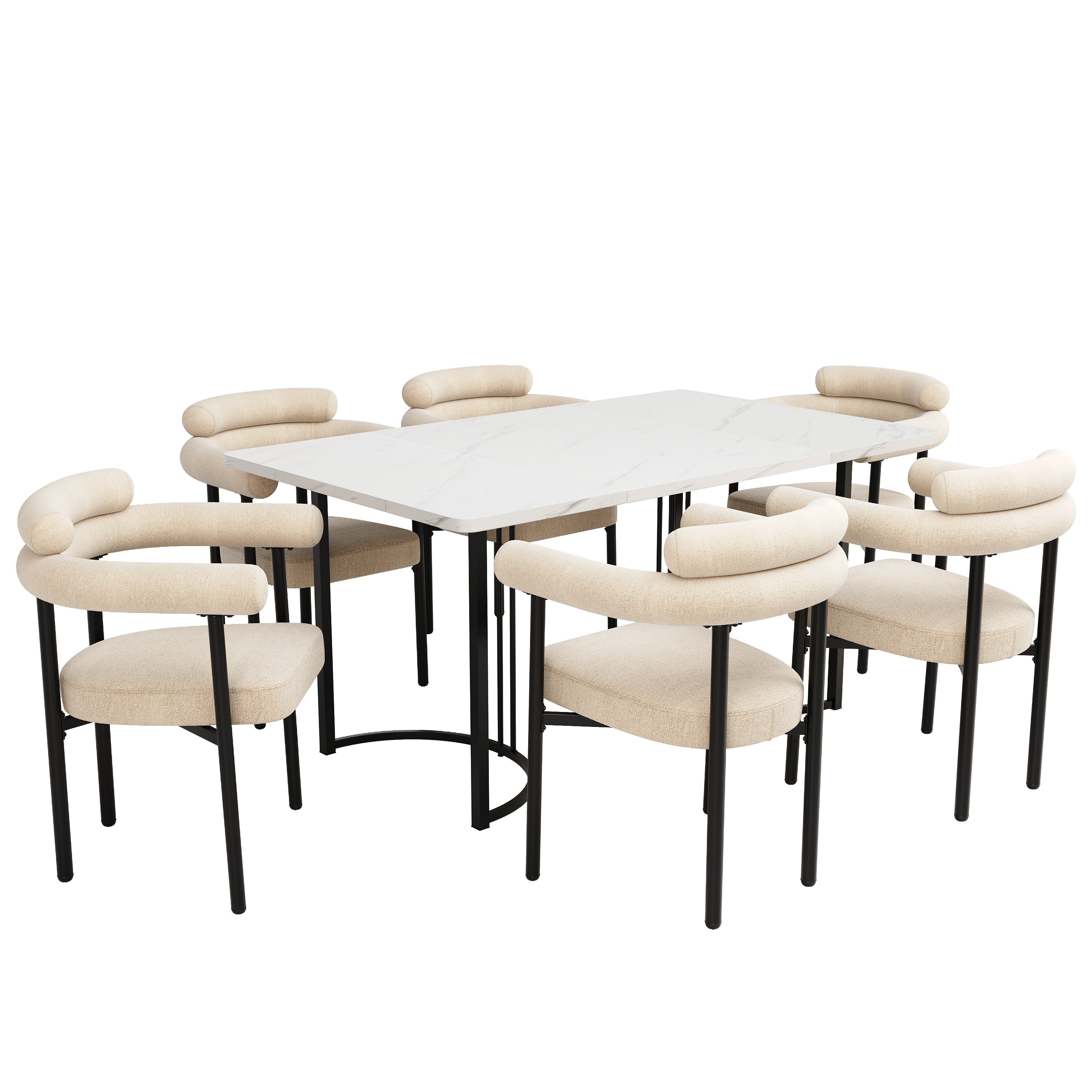 Ensemble table et chaises, 7 pièces, 1 table + 6 chaises, métal et tissu, blanc - vue 4