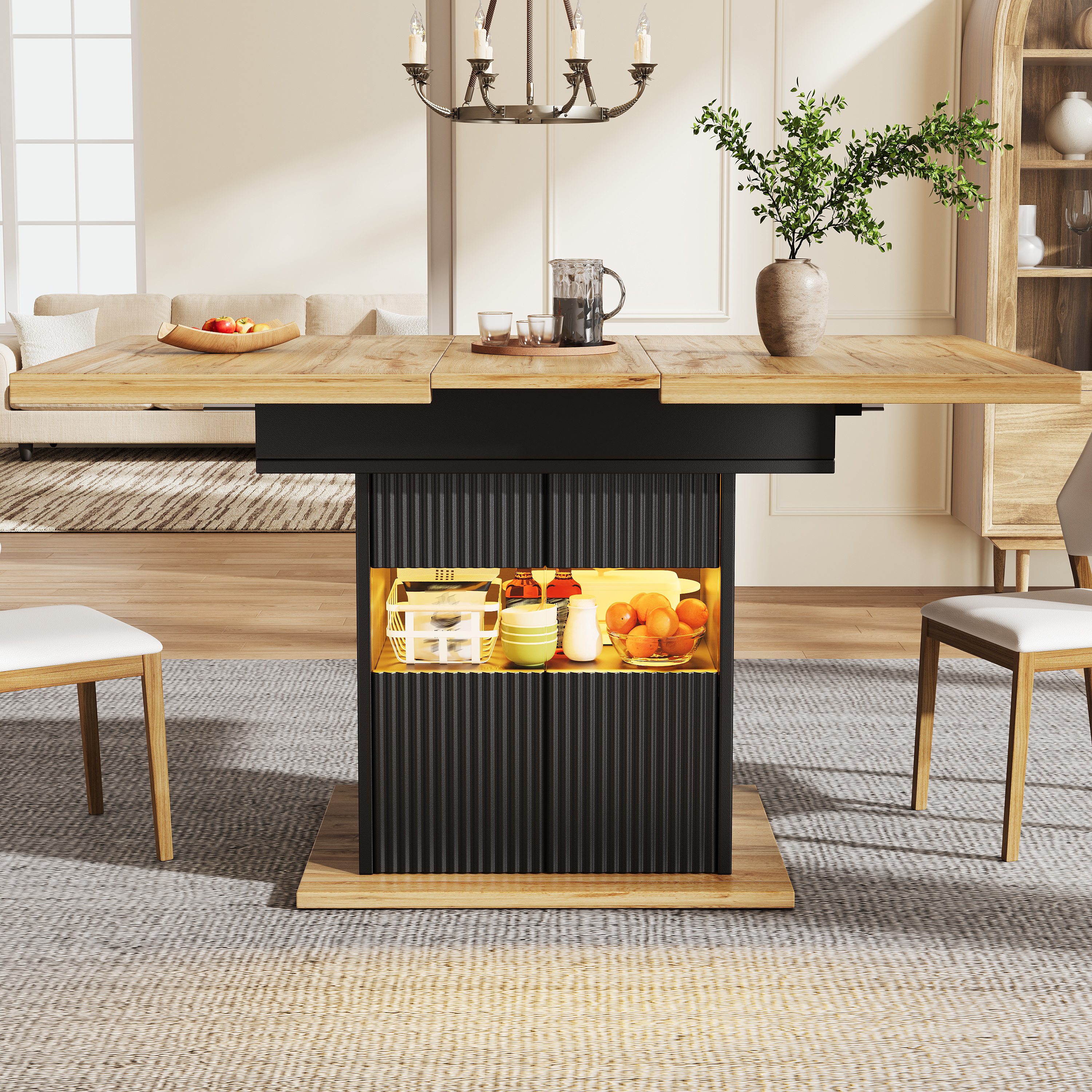 Table à manger extensible avec espace de rangement et éclairage LED, 110-140 cm, avec étagère réglable, charge jusqu'à 60 kg, bois noir, table à manger extensible, table de salle à manger