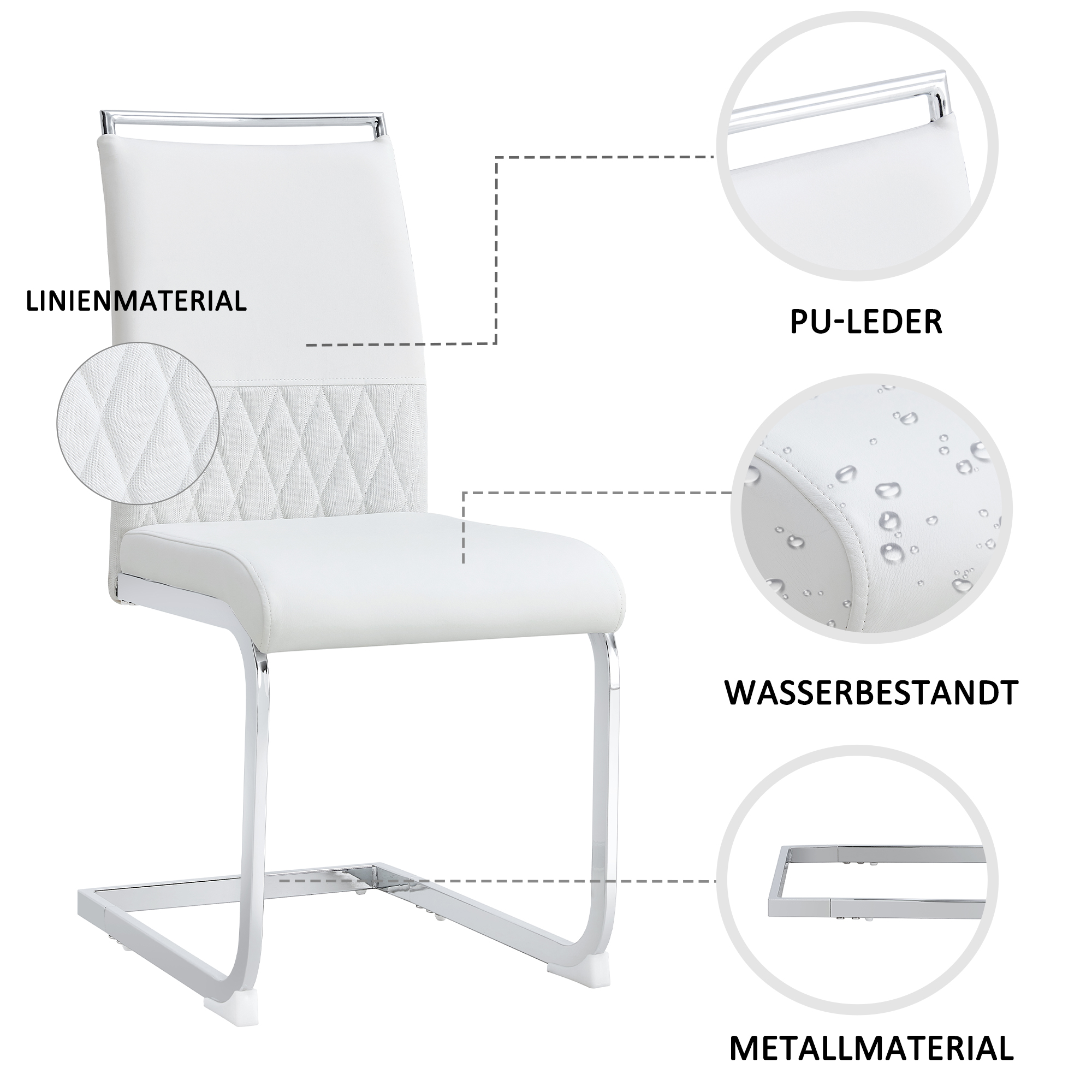 Chaise de salle à manger, lot de 6, assise rembourrée, 42 x 48 x 95 cm, similicuir et tissu effet lin, blanc - vue 5