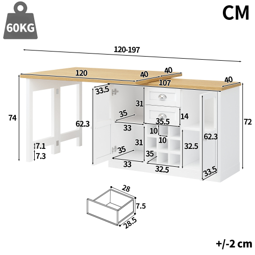 Dimensions de la table extensible pivotante avec rangements