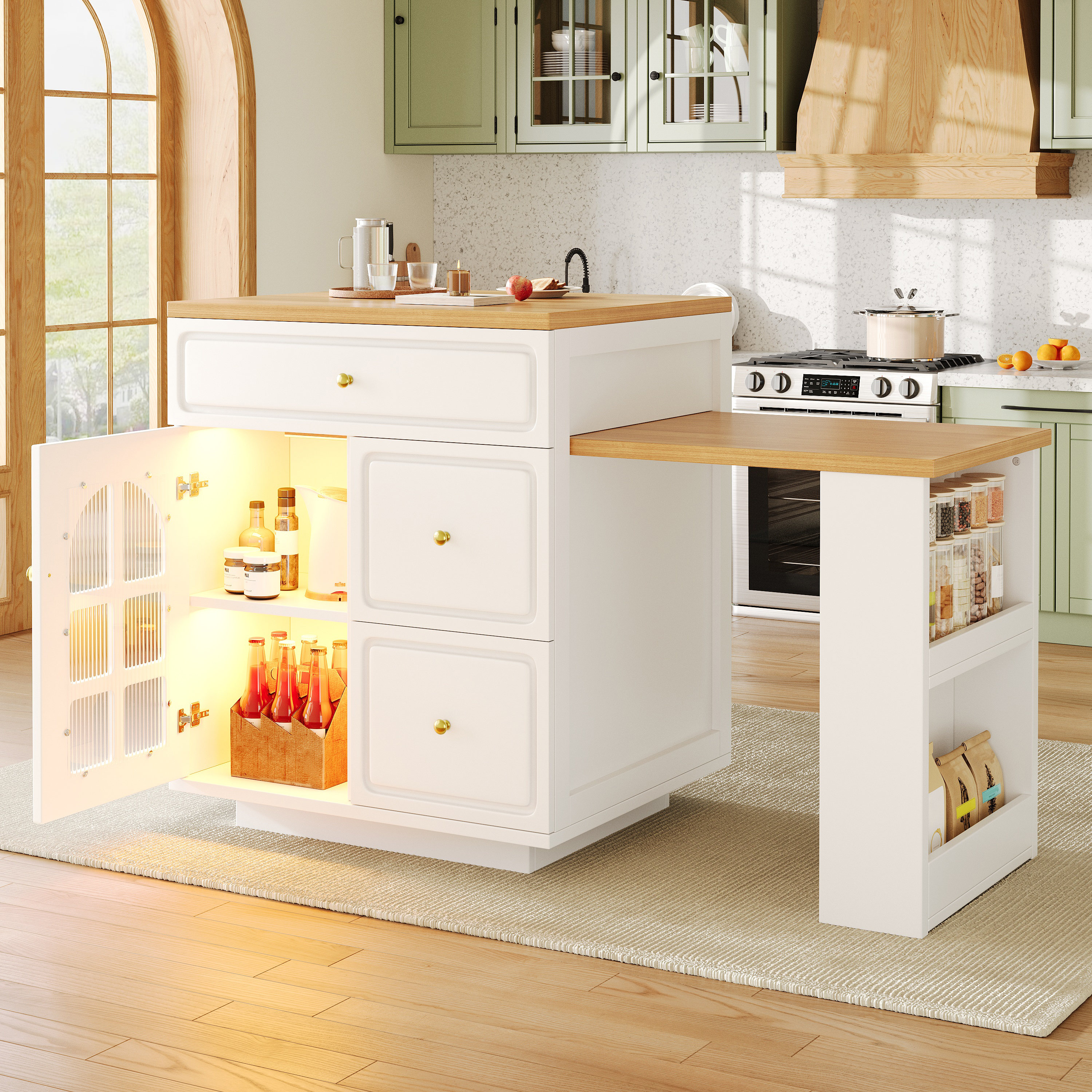 Îlot de cuisine extensible avec tiroirs et bande lumineuse LED RVB, longueur réglable de 122, 5 à 195, 5 cm, grain de bois avec vitrine en verre, îlot de comptoir polyvalent pour cuisine, salle