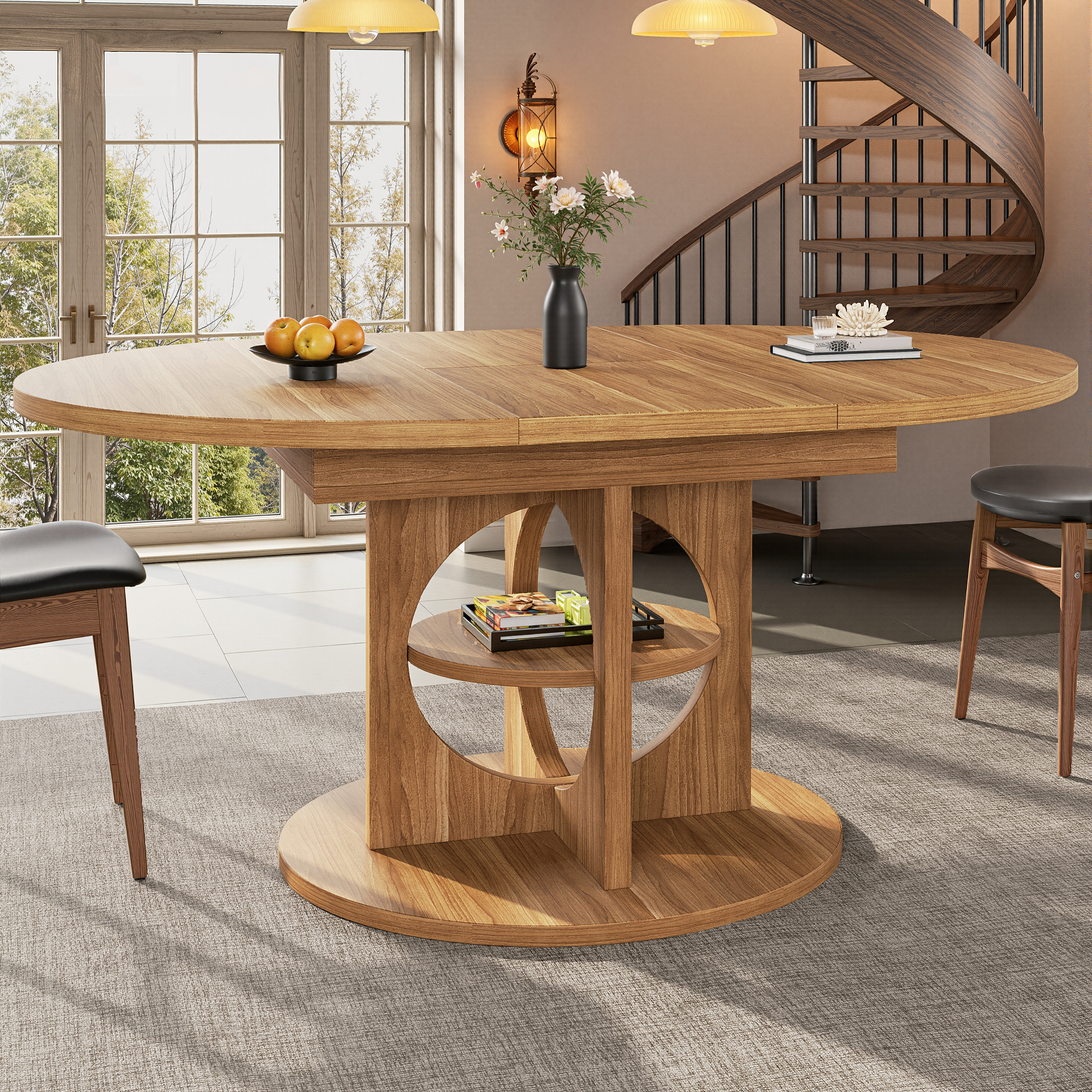 Table à manger extensible avec espace de rangement, 110–150 cm, aspect bois/noir, capacité de charge jusqu'à 60 kg, ronde à ovale, table à manger extensible, table de salle à manger