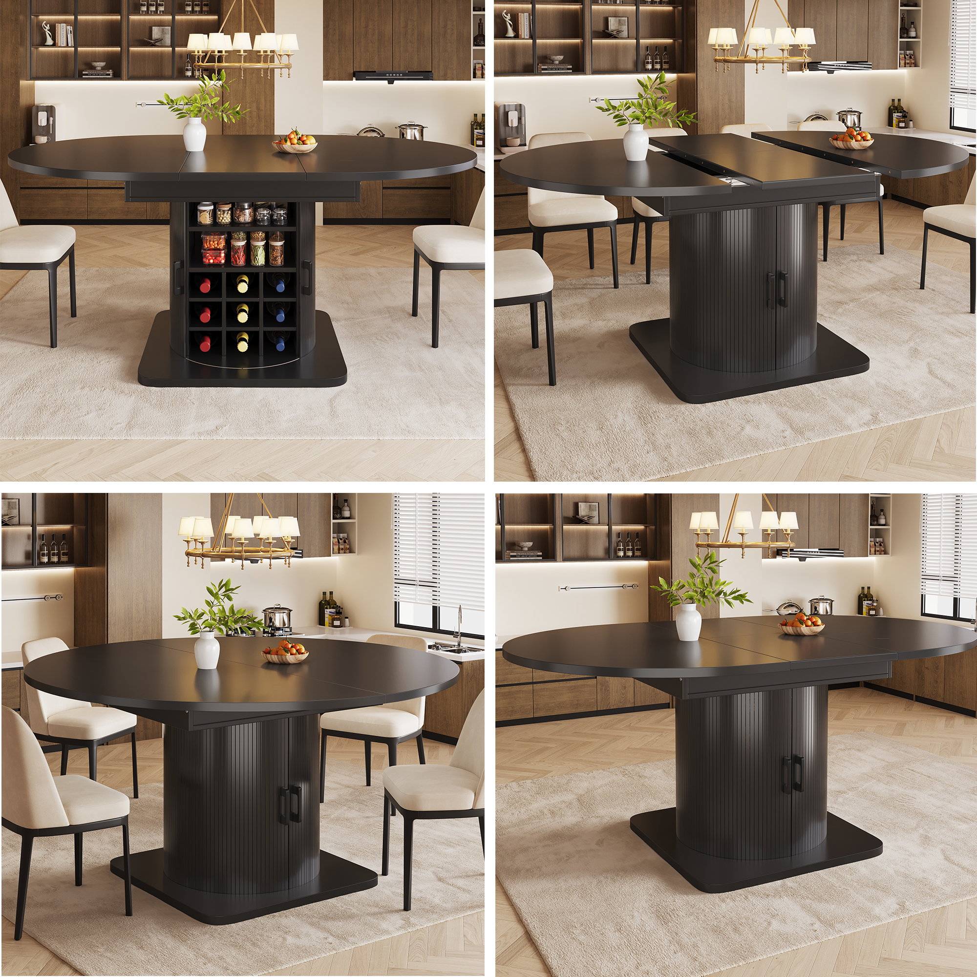 Îlot de cuisine extensible noir avec rangement