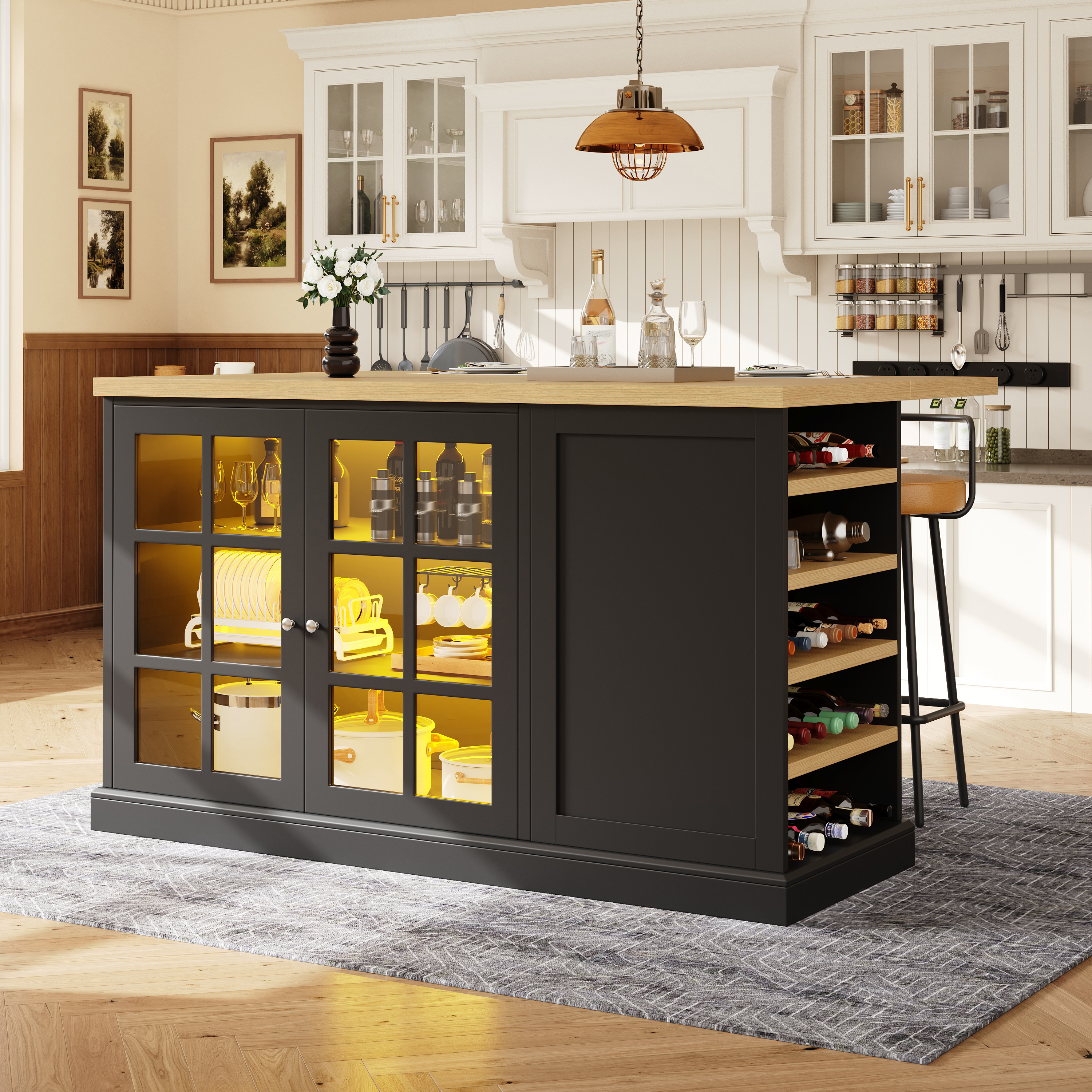 Table de bar pliante multifonctionnelle, îlot de cuisine avec lumière colorée LED intelligente, casier à vin incliné et tiroir de rangement, gain de place pour les petits appartements, fonctionnement