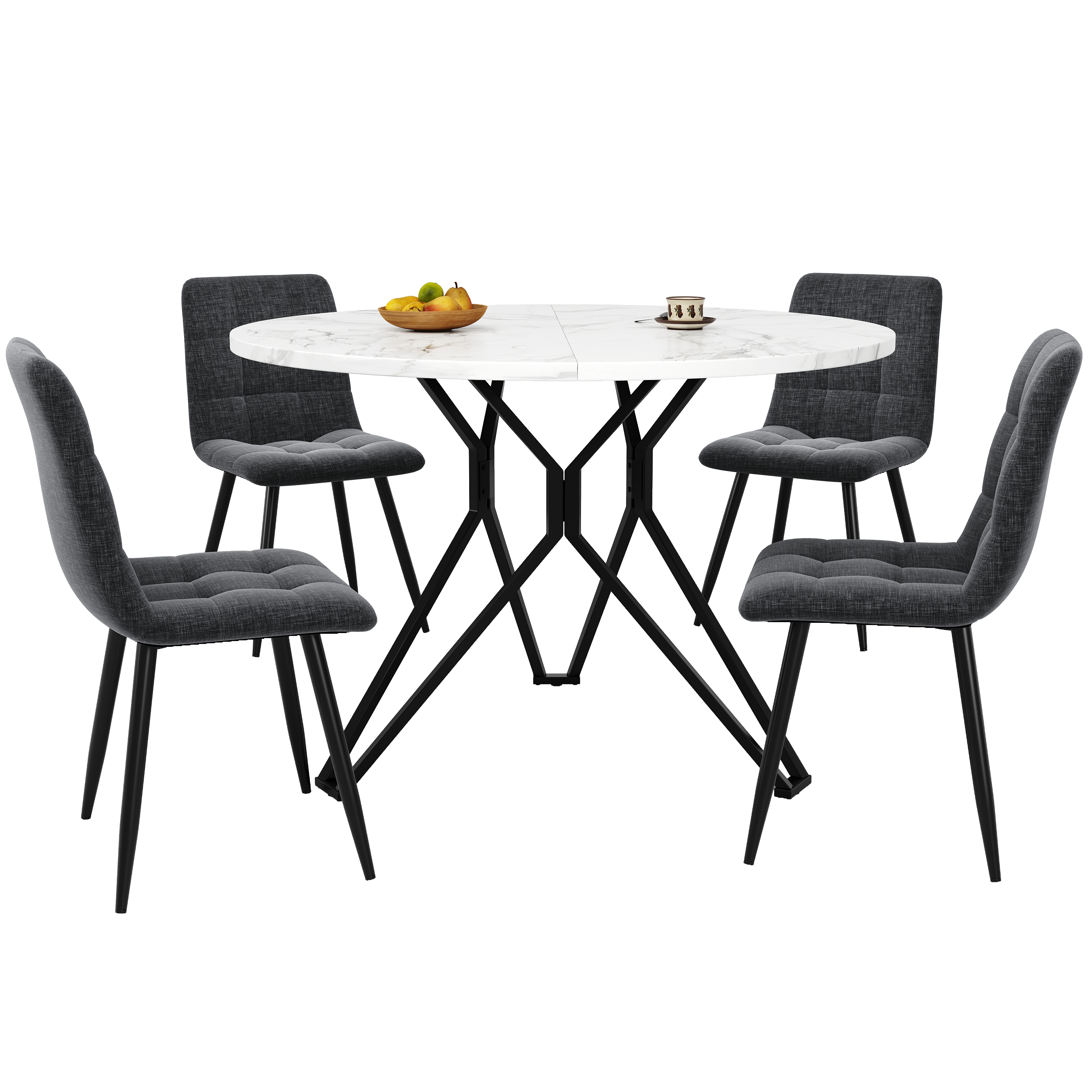 Ensemble table et chaises, 5 pièces, 1 table + 4 chaises, métal et tissu effet lin, noir - vue 2