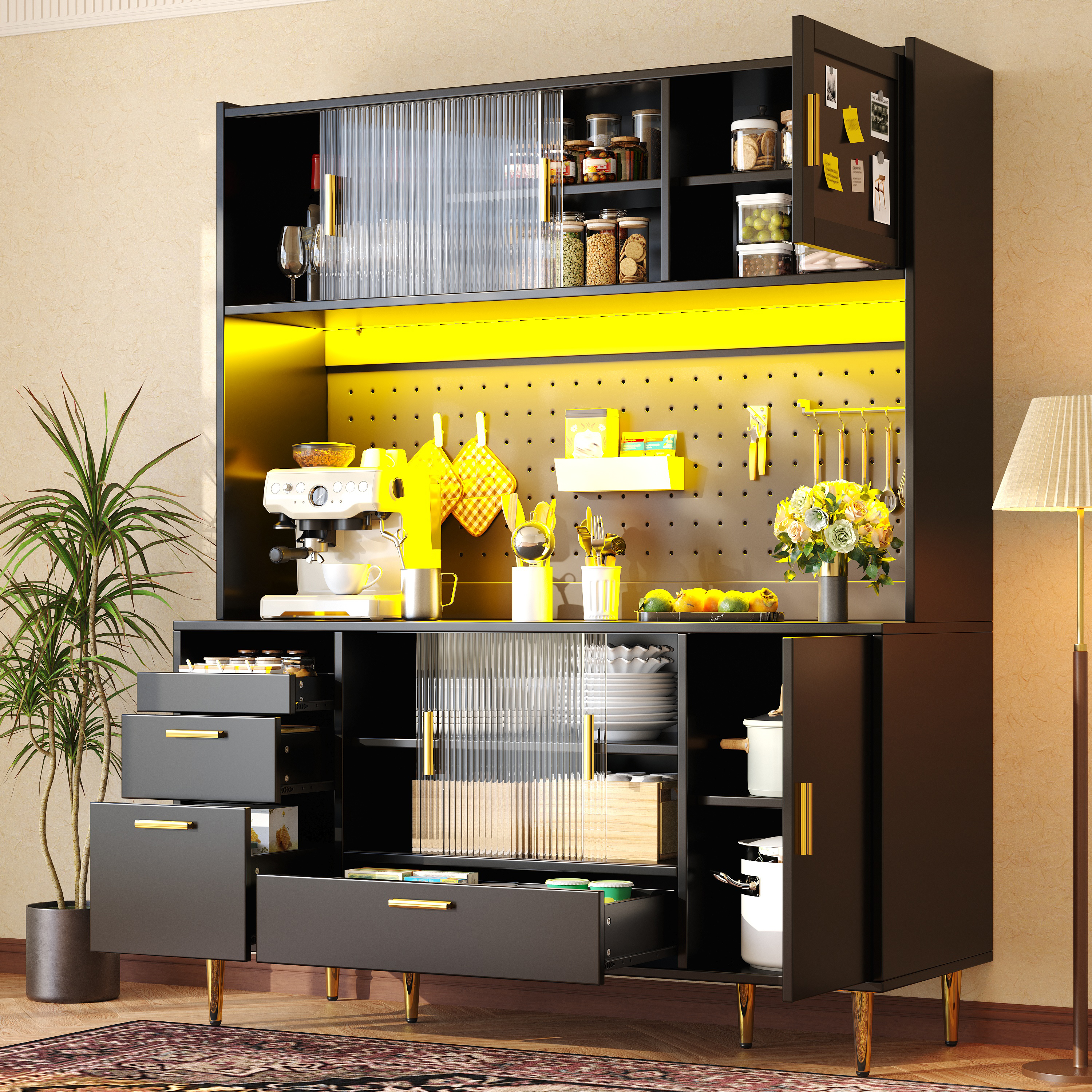 Buffet noir brillant avec éclairage LED et paroi perforée, meuble de cuisine de 180 cm de haut avec portes coulissantes en verre et porte magnétique, peut supporter jusqu'à 60 kg, buffet de cuisine