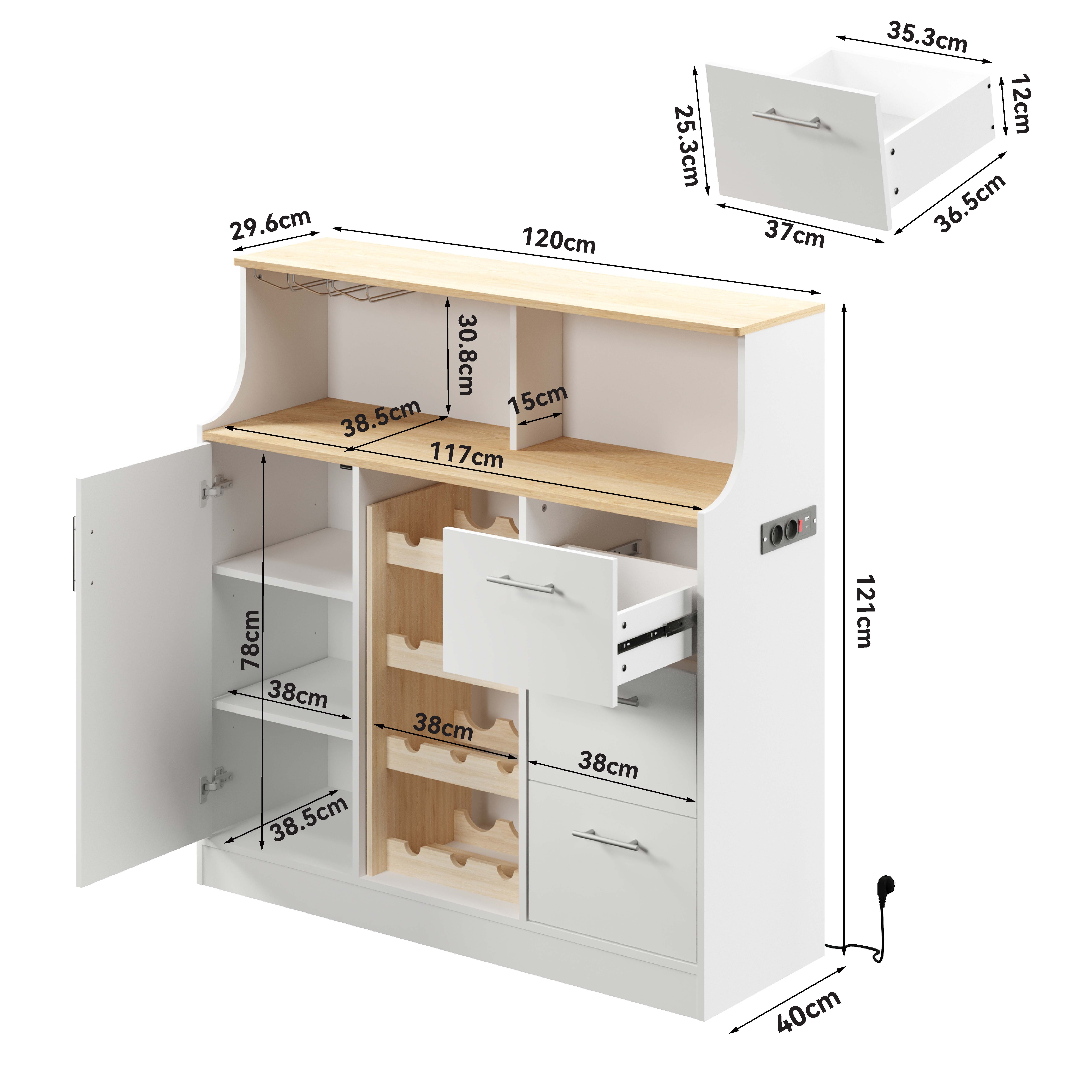 Armoire à vin et vaisselle 120×40×121 cm, matériau bois résistant, plateau bois naturel, casier à vin 4 niveaux, porte-verres, pour cuisine et salle à manger, organise vins et ustensiles, design fonctionnel élégant - image 2