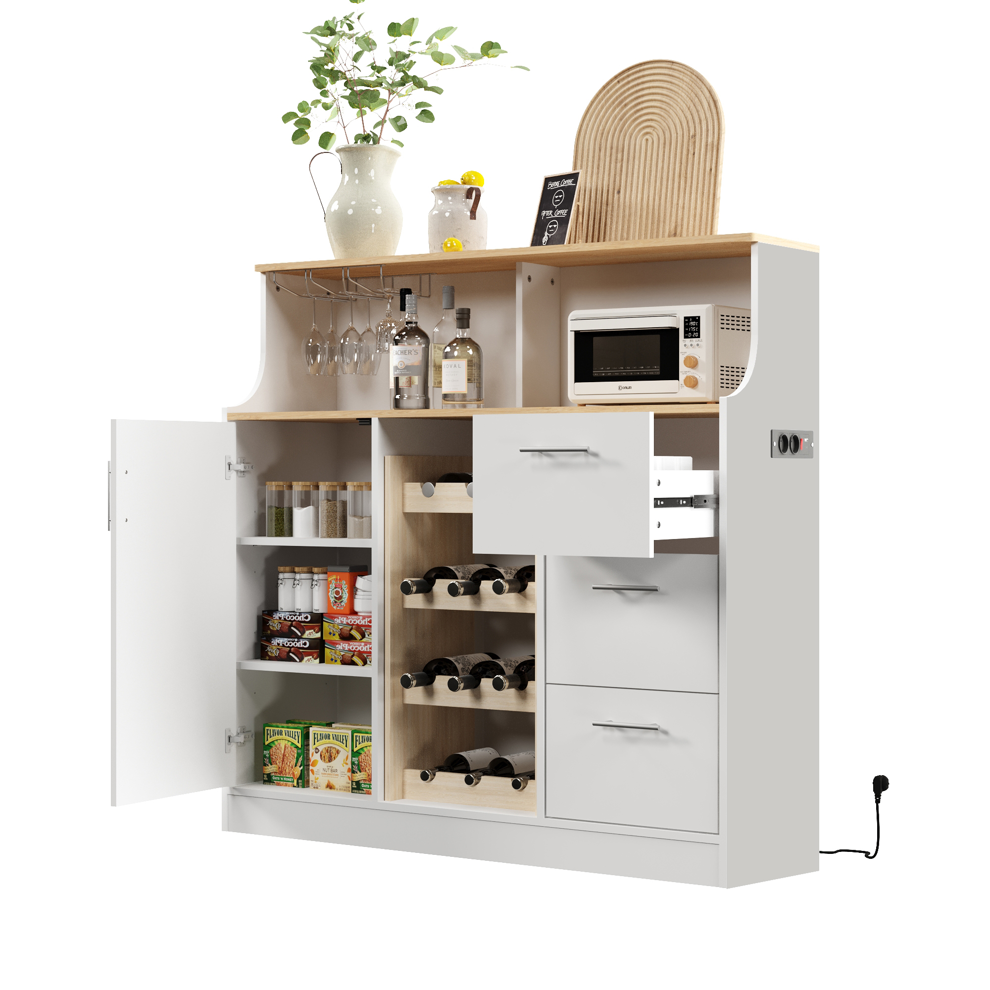 Armoire à vin et vaisselle 120×40×121 cm, matériau bois résistant, plateau bois naturel, casier à vin 4 niveaux, porte-verres, pour cuisine et salle à manger, organise vins et ustensiles, design fonctionnel élégant - image 3