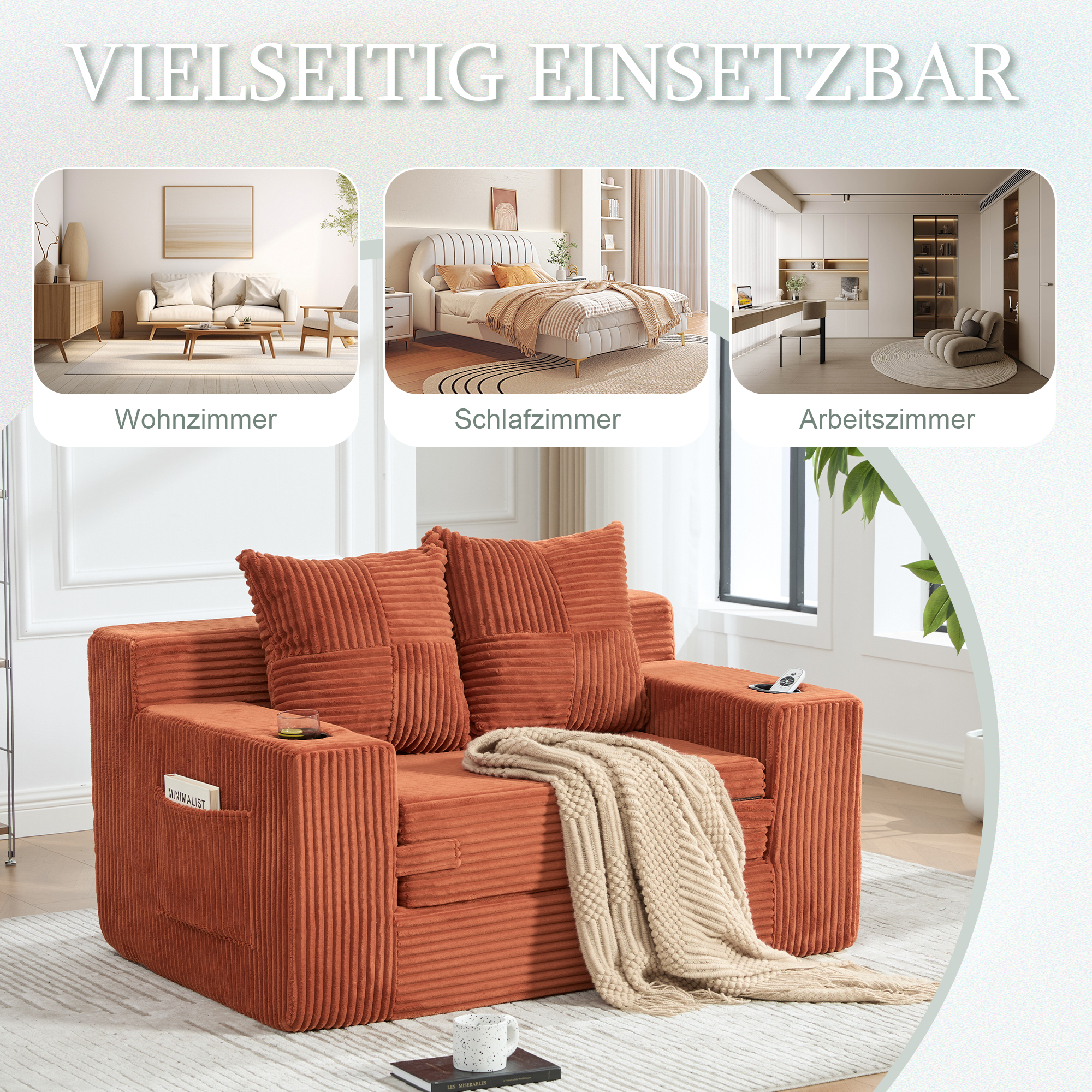 Canapé 2 places orange en velours côtelé avec coussins et poches latérales