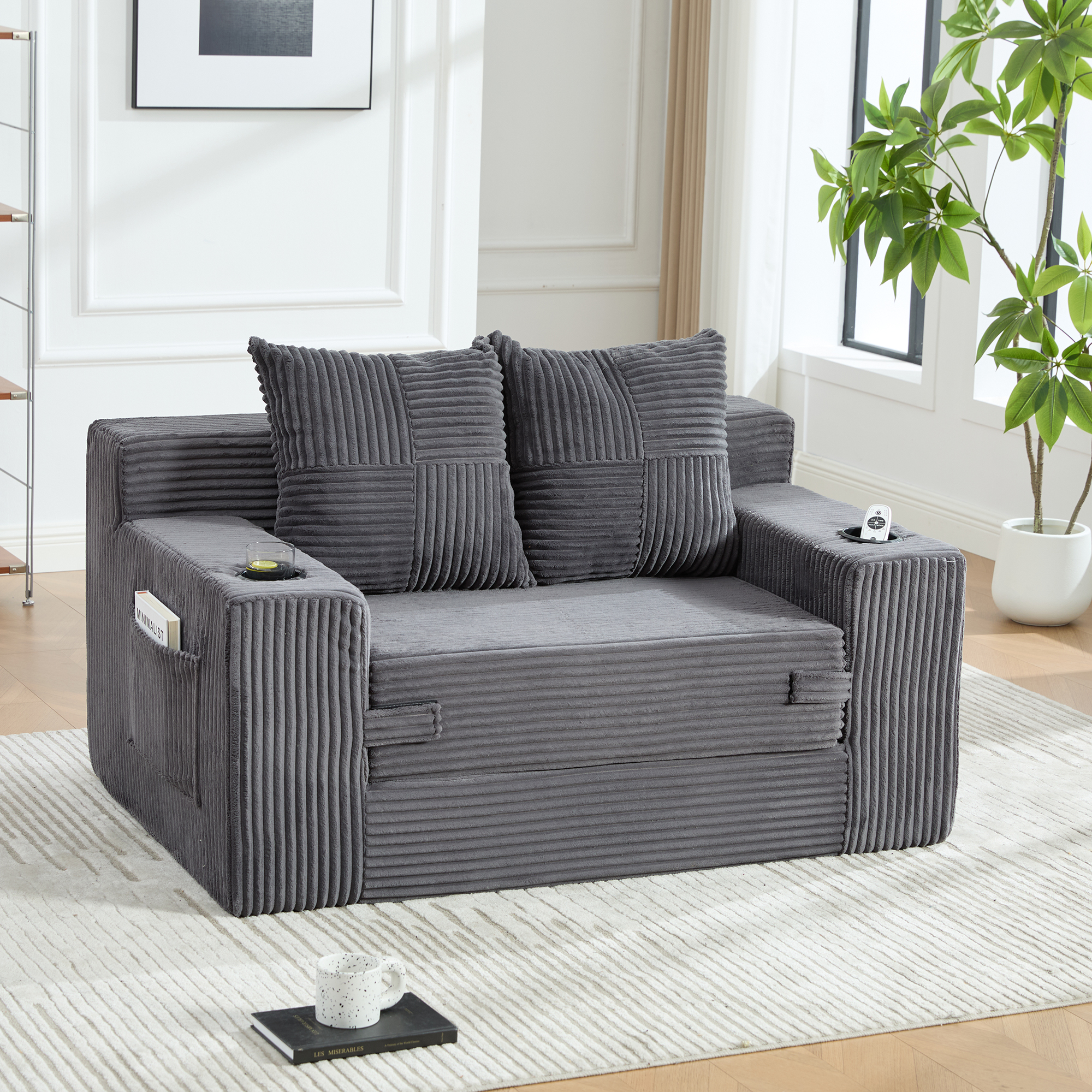Canapé 2 places gris en velours côtelé avec coussins et poches latérales