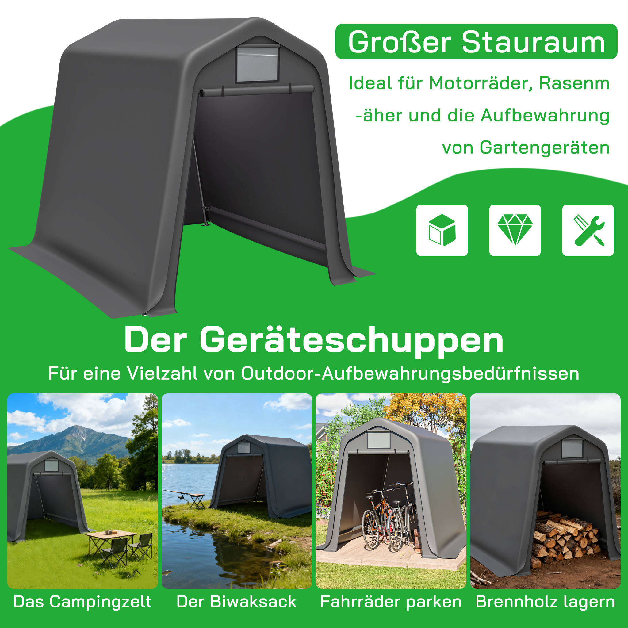 Tente‑abri de stockage extérieur vue générale