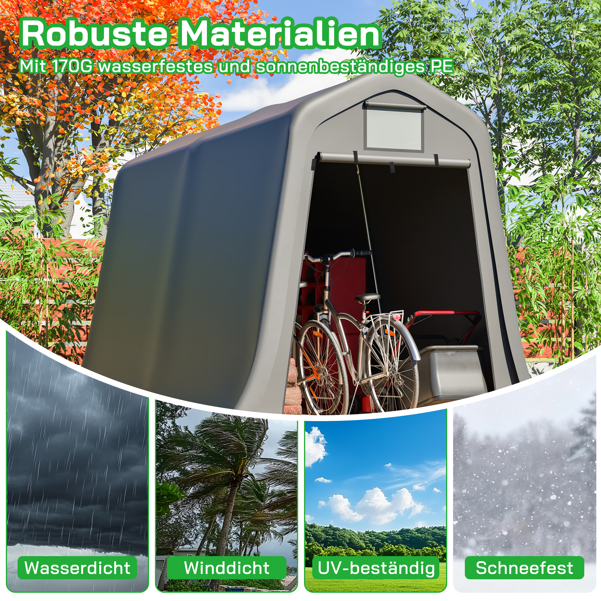 Dimensions 366×213×225 cm, toit pointu, ventilation, pour moto, 3 vélos et outils jardin
