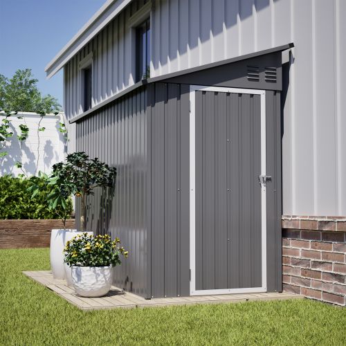 Abri de jardin métallique gris adossé avec toit incliné