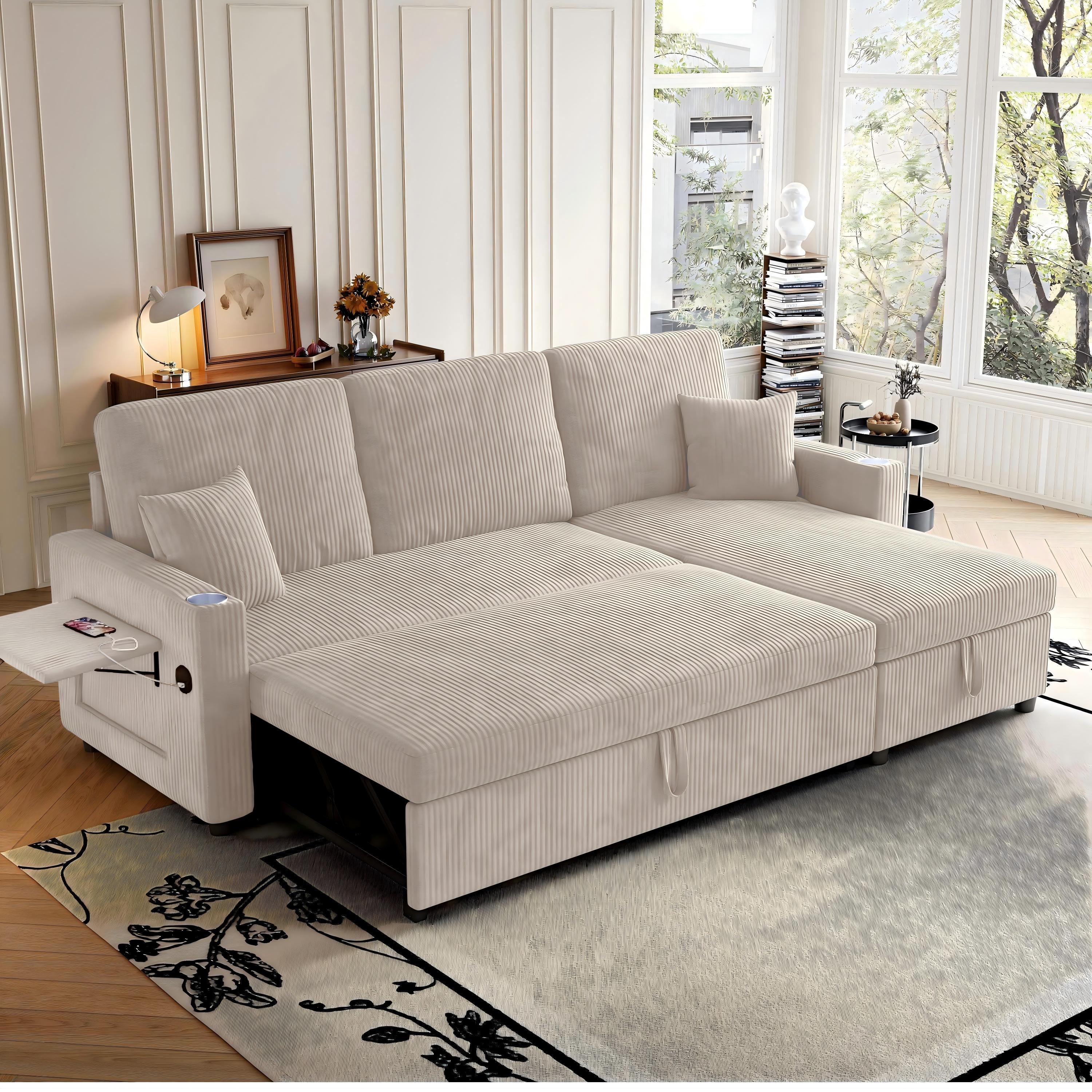 Canapé d'angle convertible beige en velours côtelé