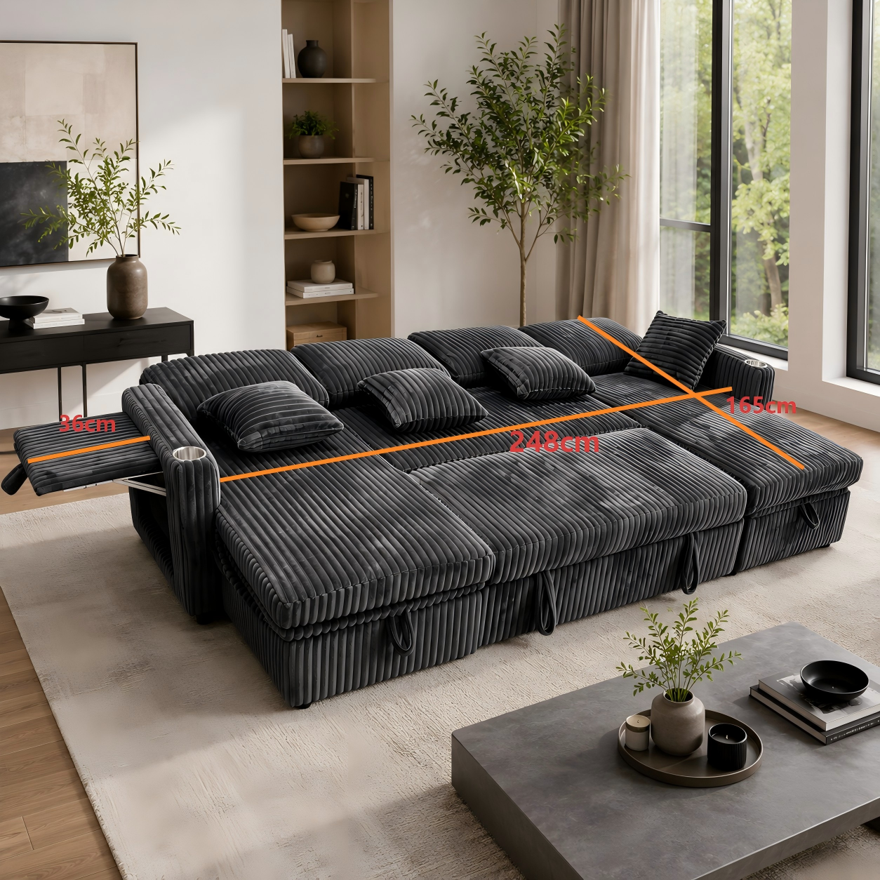 Canapé en U 6 places, convertible, avec coffre de rangement, modulable, avec USB/Type-C, en velours côtelé, Gris - dimensions et spécifications