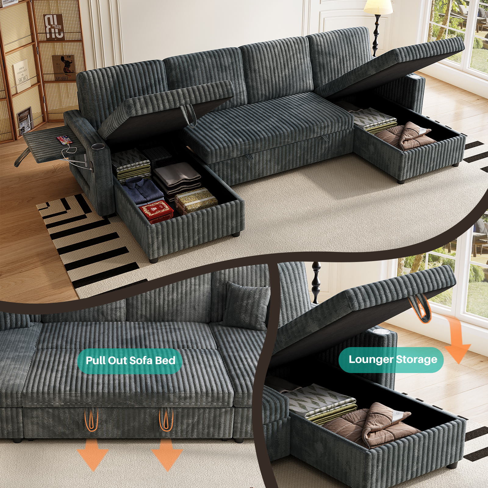 Canapé en U 6 places, convertible, avec coffre de rangement, modulable, avec USB/Type-C, en velours côtelé, Gris - vue complémentaire