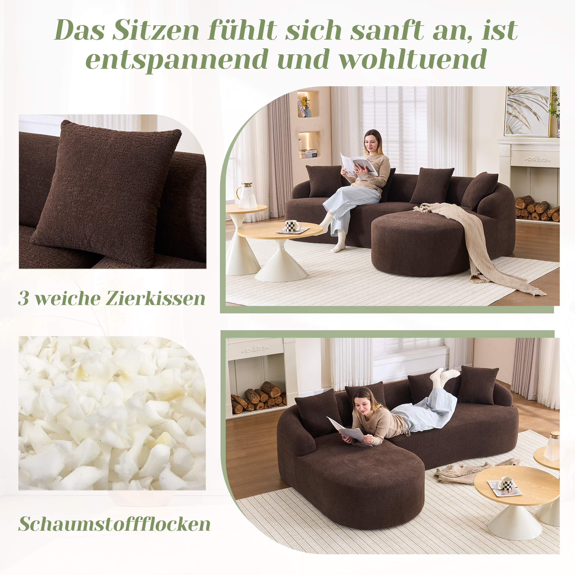 Canapé d’angle en L 3 places 243 x 150 x 67 cm, modulable, en chenille, Marron - vue principale