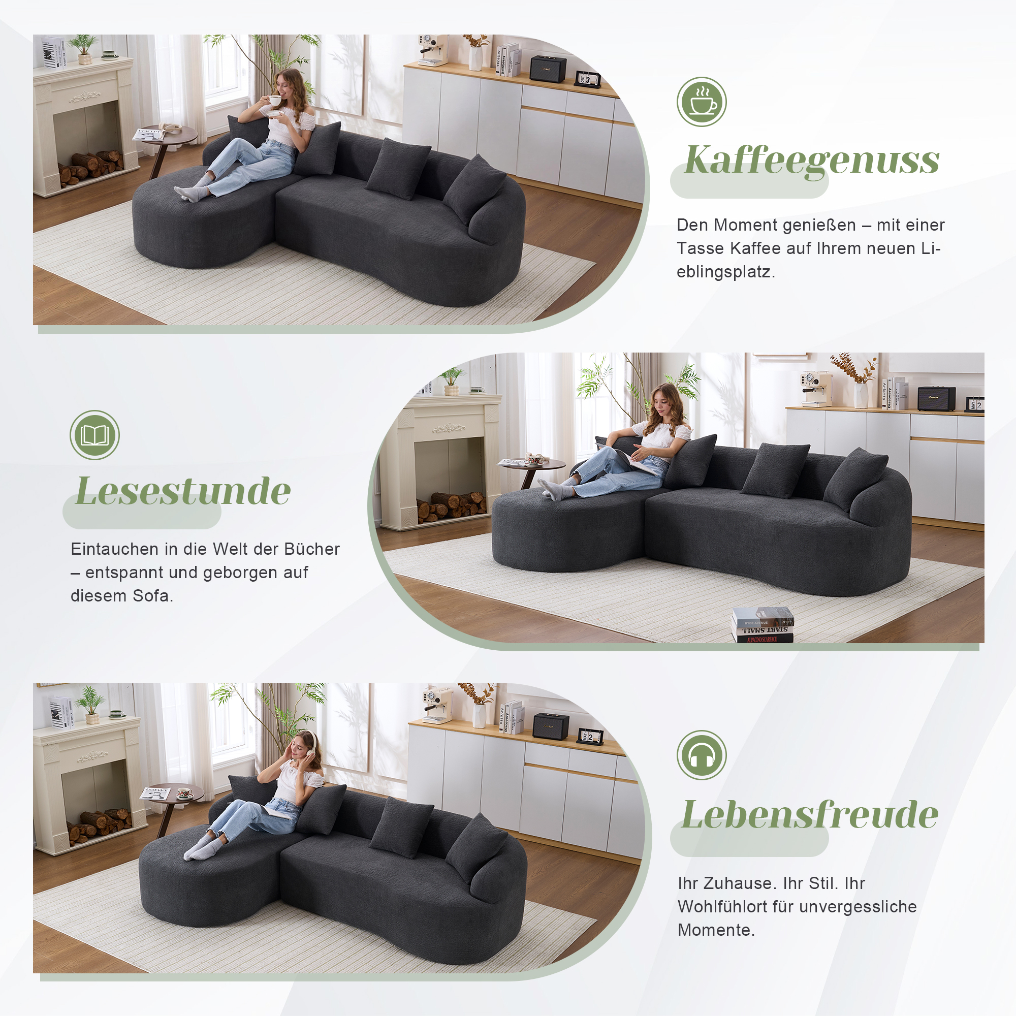 Canapé d’angle en L 3 places 243 x 150 x 67 cm, modulable, en chenille, Gris foncé - vue principale