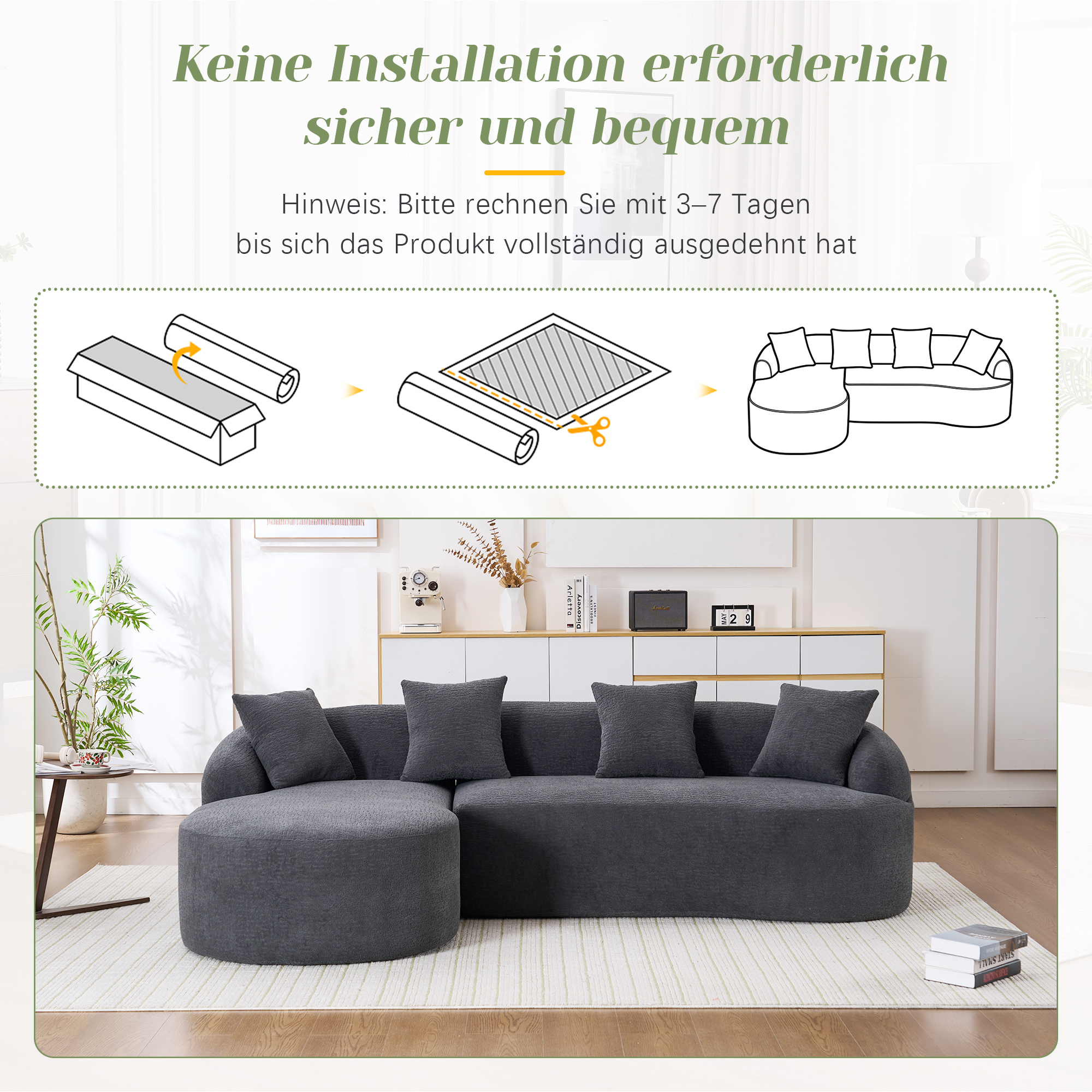 Canapé d’angle en L 3 places 243 x 150 x 67 cm, modulable, en chenille, Gris foncé - vue complémentaire