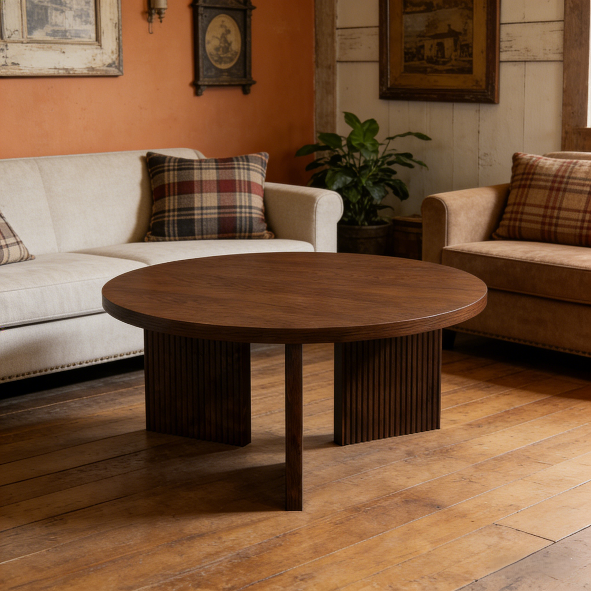Table basse ronde 80 x 80 x 42 cm, MDF, structure rainurée, Brun noyer - vue principale