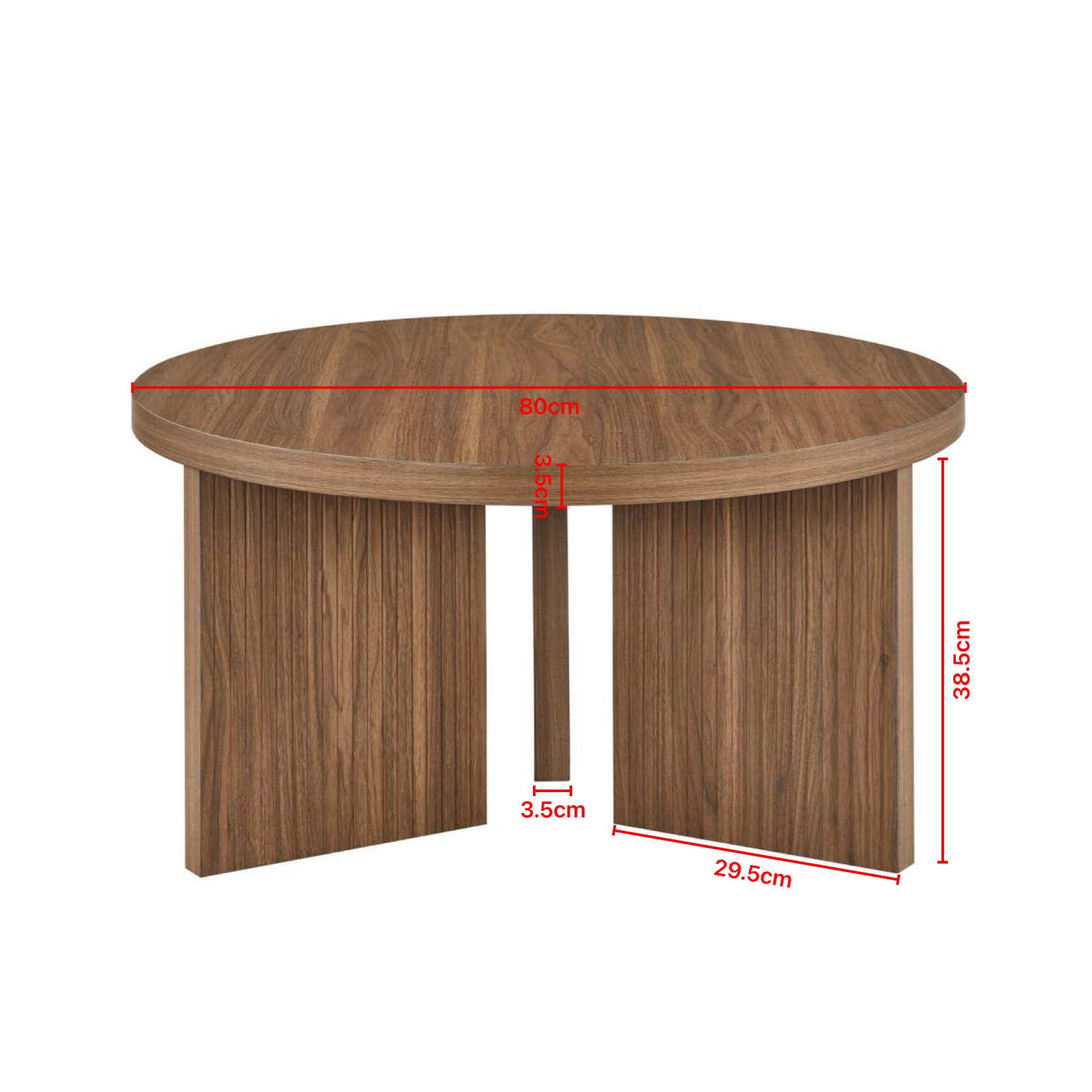 Table basse ronde 80 x 80 x 42 cm, MDF, structure rainurée, Brun noyer - détails