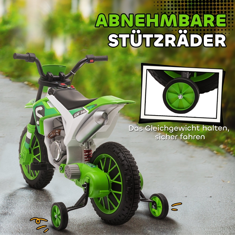 Moto cross vert‑blanc vue générale avec roues stabilisatrices