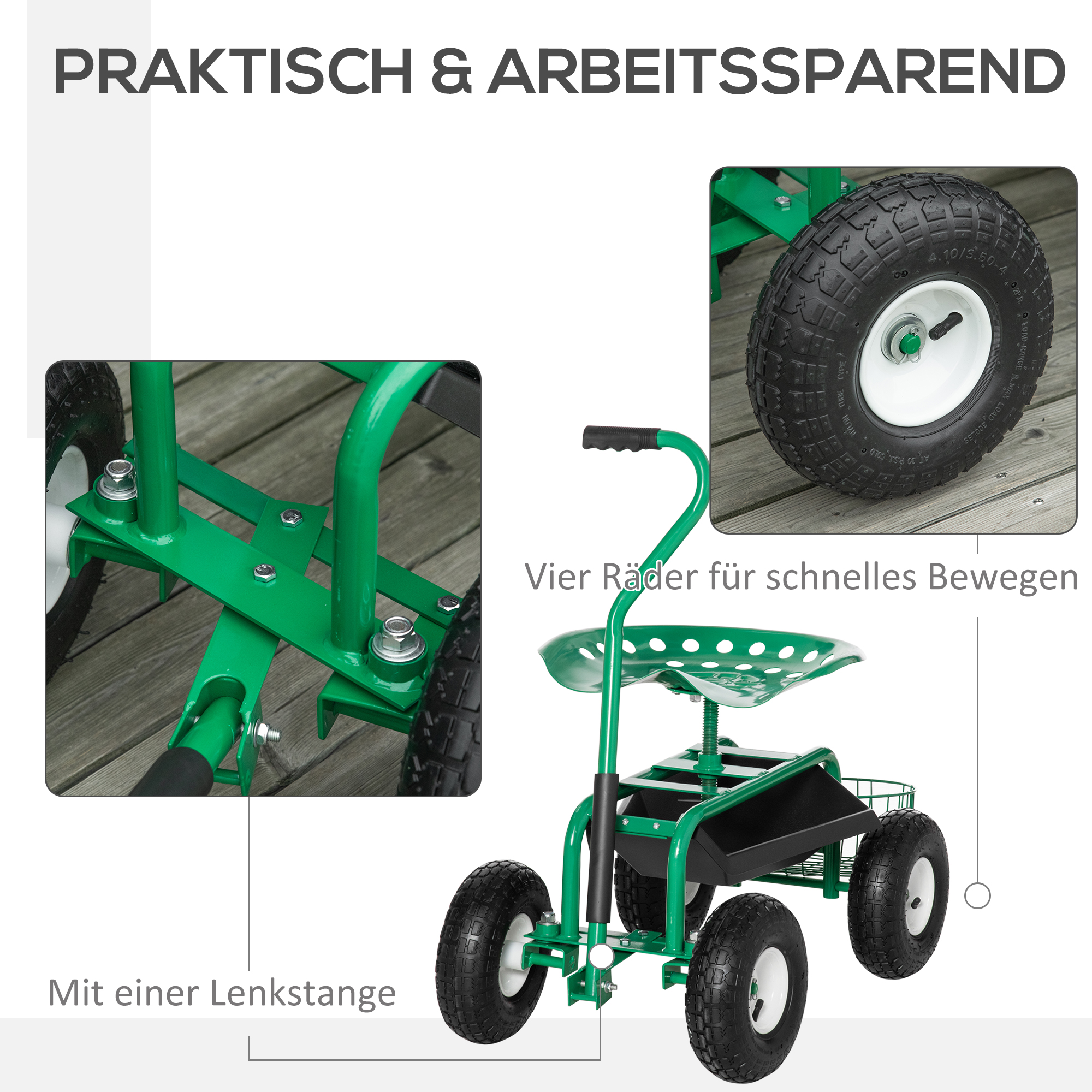 Chariot de jardin vert avec siège vue générale