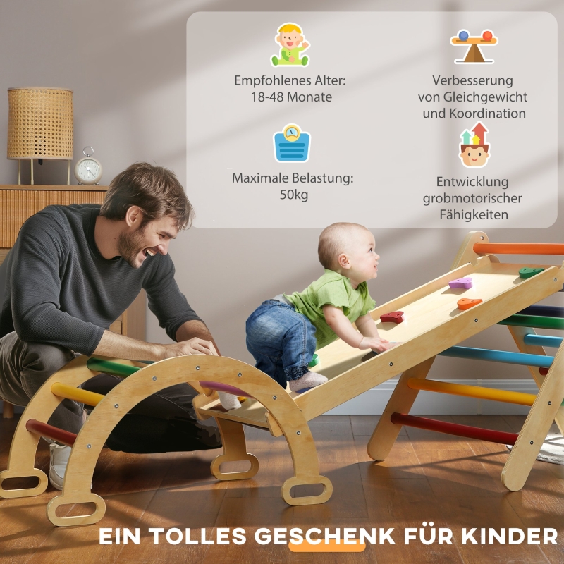 Prises d’escalade colorées et détails bois