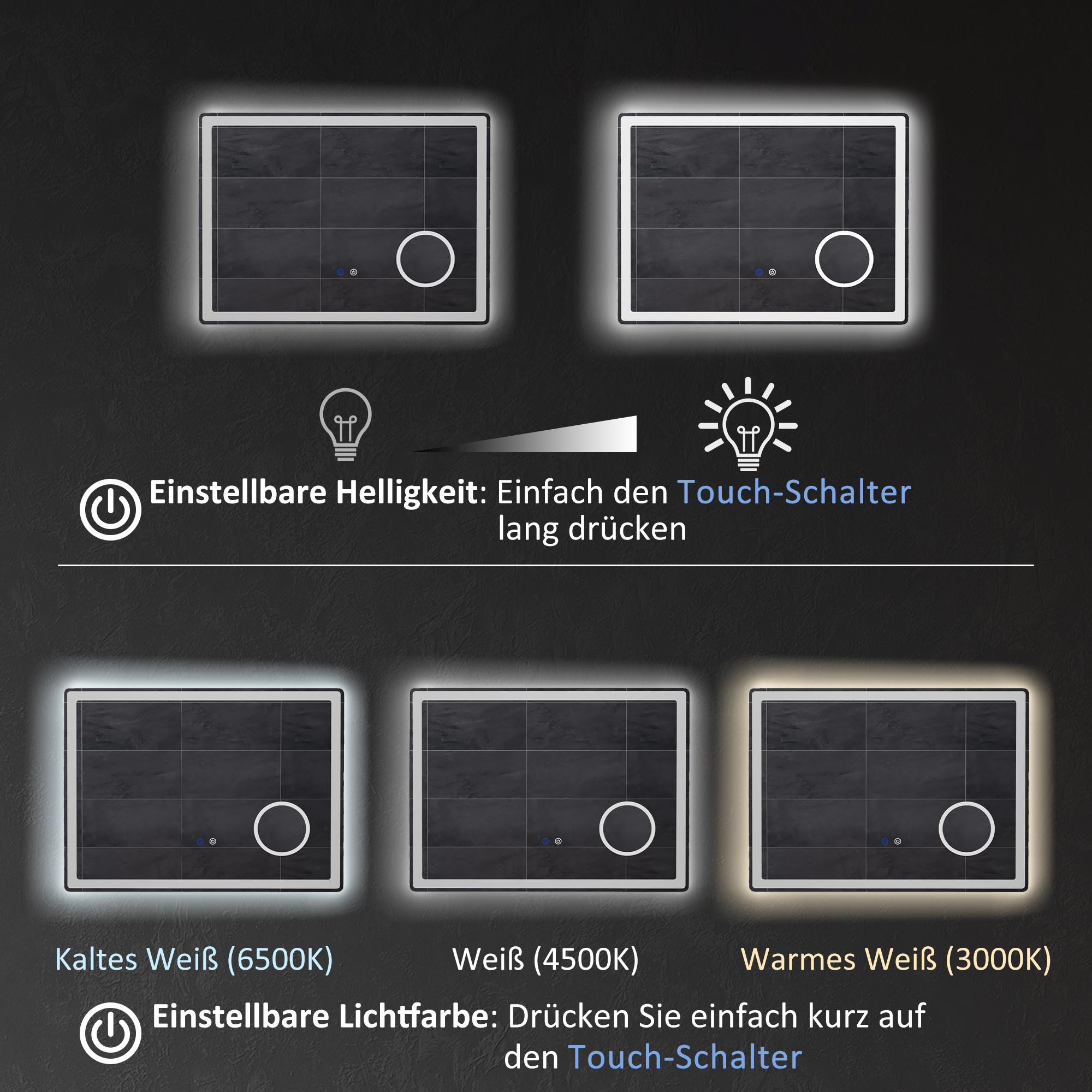 Miroir LED salle de bain 80x60cm loupe grossissement 3x