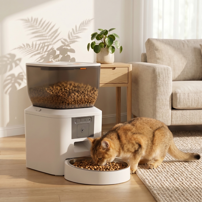 Feeder design minimaliste dans salon lumineux