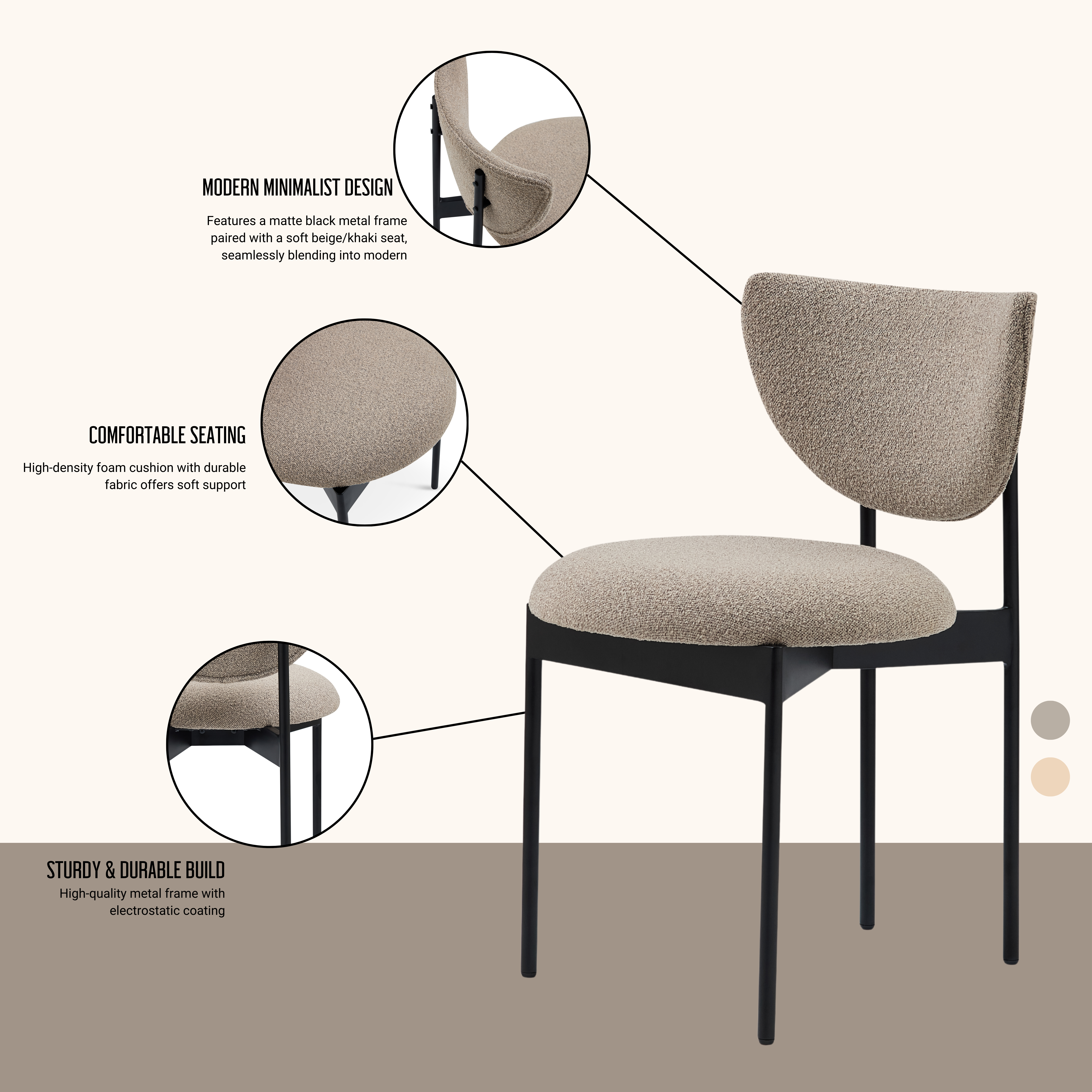 Chaise moderne en tissu kaki clair, cadre acier inoxydable poli, dossier orbital design lunaire, pour salle à manger et salon, look contemporain sophistiqué, polyvalente, complète divers schémas de couleurs - image 3