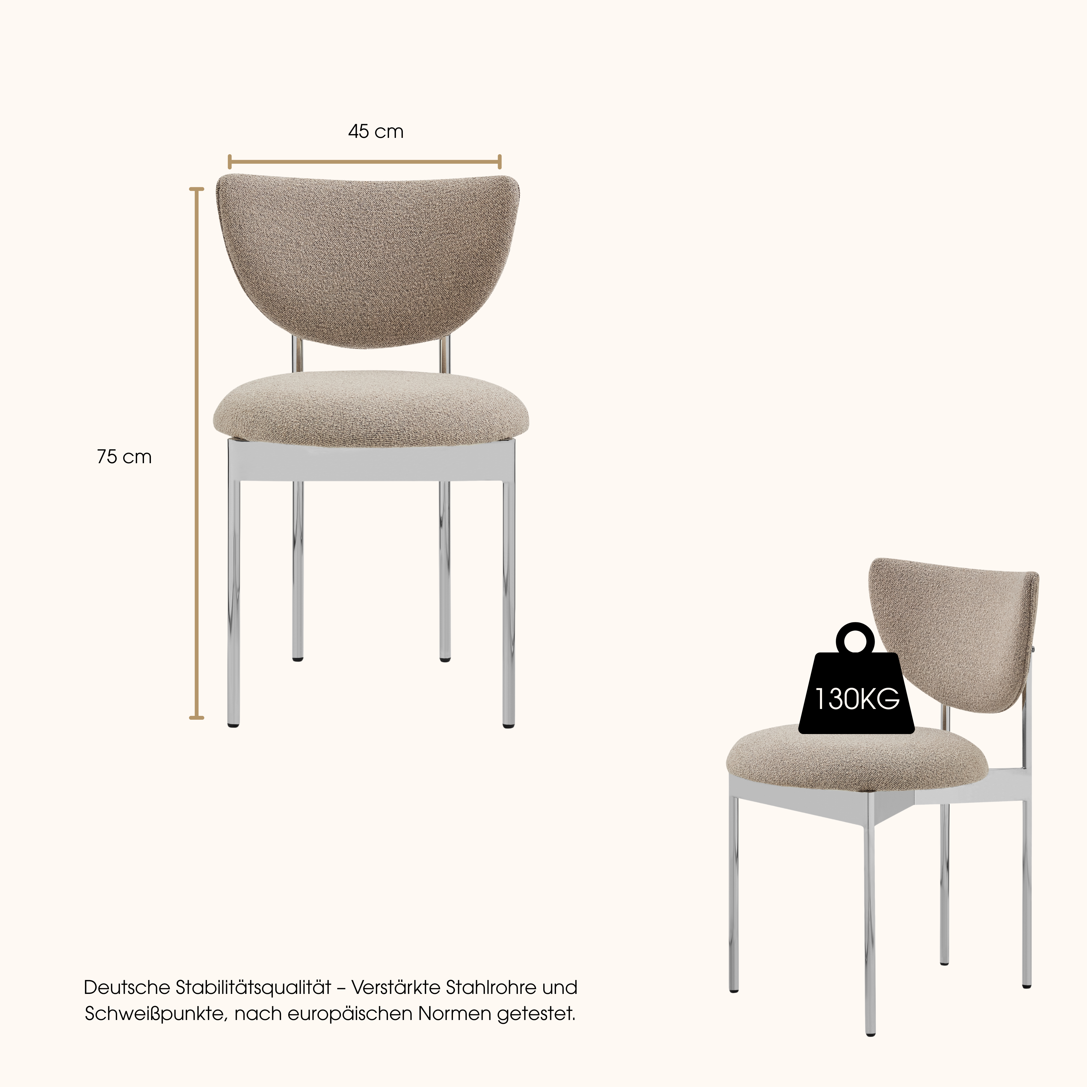 Chaise moderne en tissu kaki clair, cadre acier inoxydable poli, dossier orbital design lunaire, pour salle à manger et salon, look contemporain sophistiqué, polyvalente, complète divers schémas de couleurs - image 1