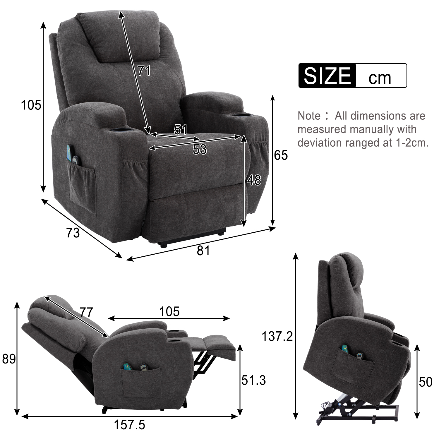 Electric Power Lift Recliner Chair With Massage And Heat For Elderly, 2 Remote Controls, 2 Side Pockets, And USB Ports, Faux Leather (Grey) - Walmart Supplies - View #9