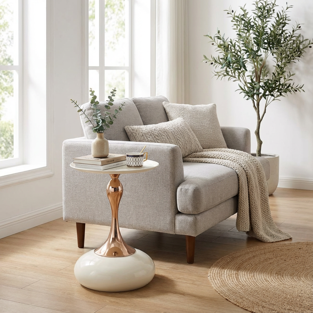 Table d’appoint ronde, table basse Ø 38 cm, acier, Blanc