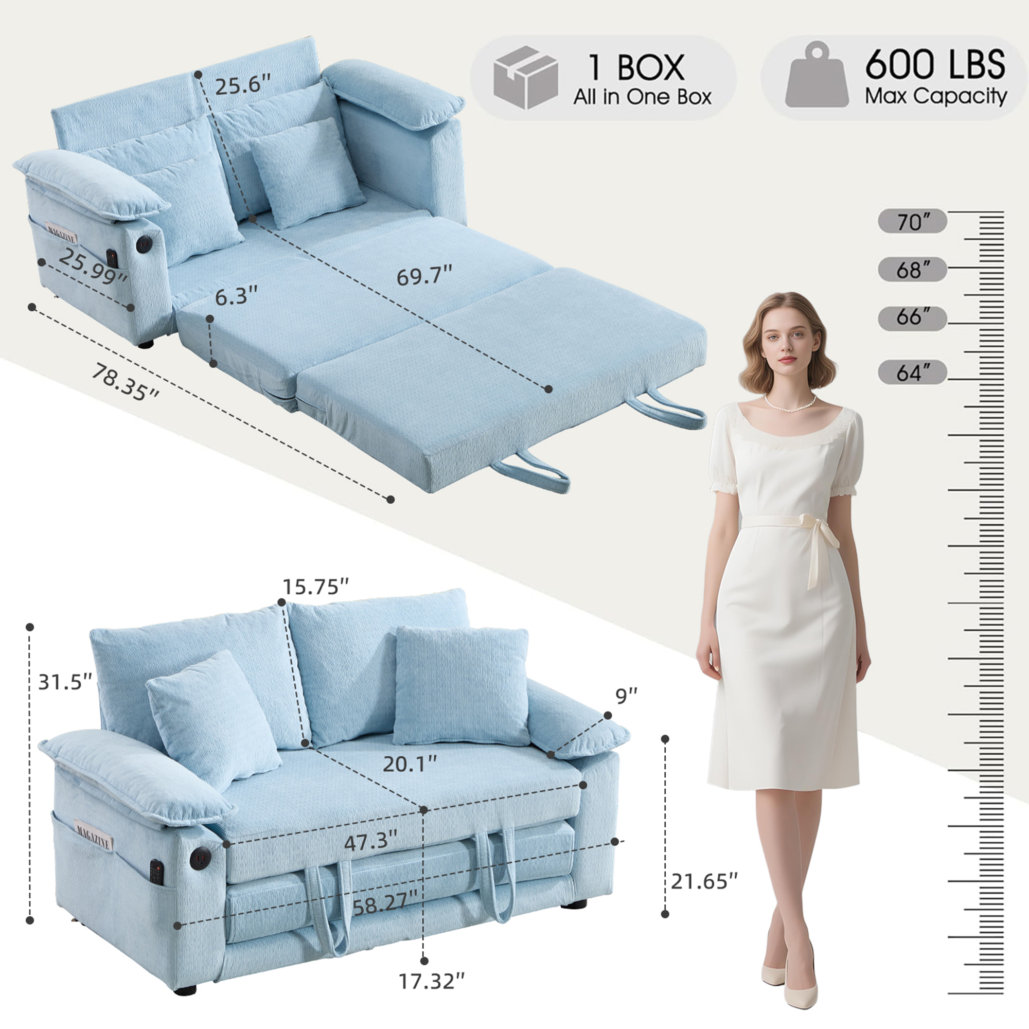 Fauteuil lounge en cuir véritable avec pieds en bois massif, Bleu, 135 x 66 x 80 cm 🪑 - vue complémentaire 1