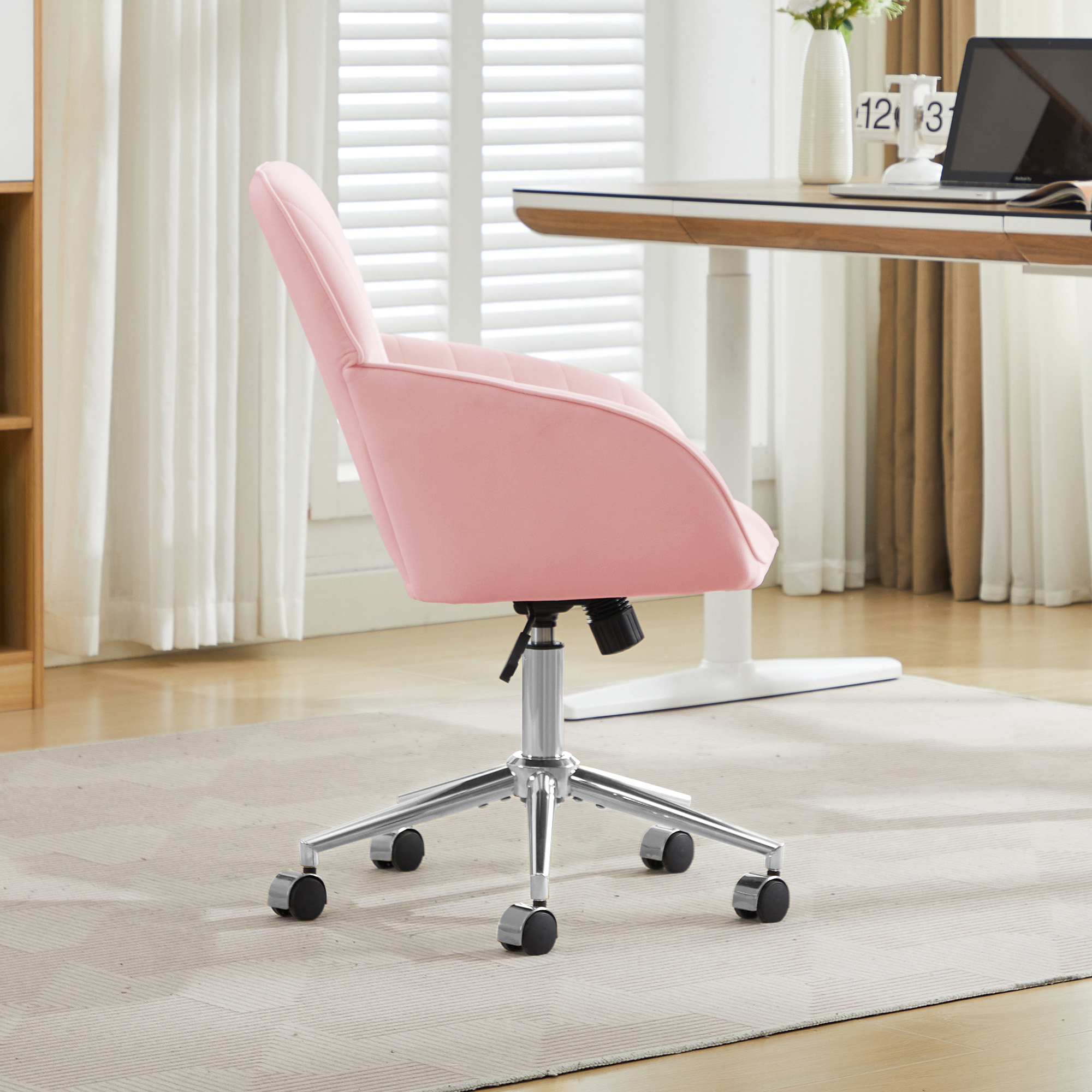 Chaise de bureau, 1 pièce, hauteur réglable, 60 x 60 x 97 cm, velours, rose - vue 3