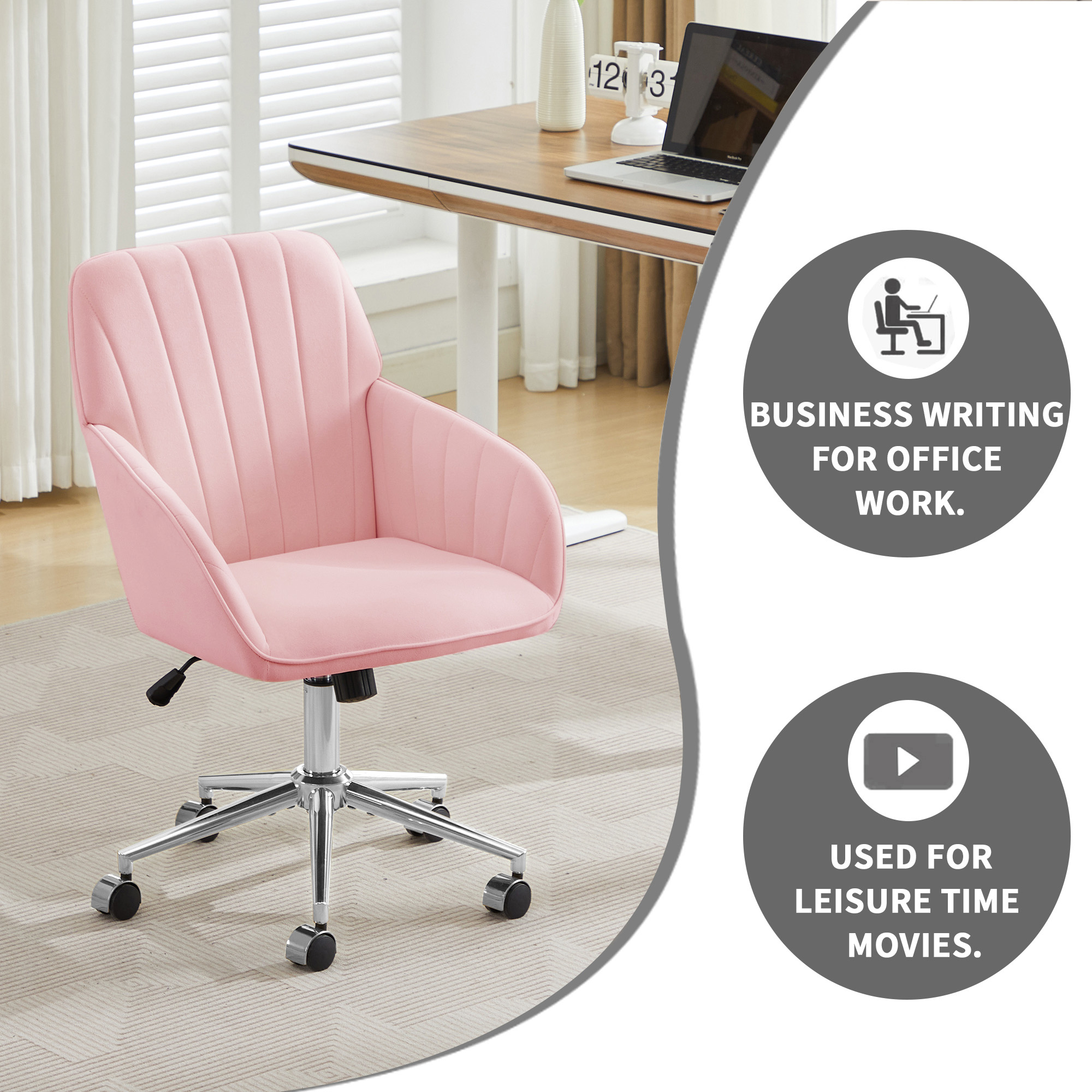 Chaise de bureau, 1 pièce, hauteur réglable, 60 x 60 x 97 cm, velours, rose - vue 5