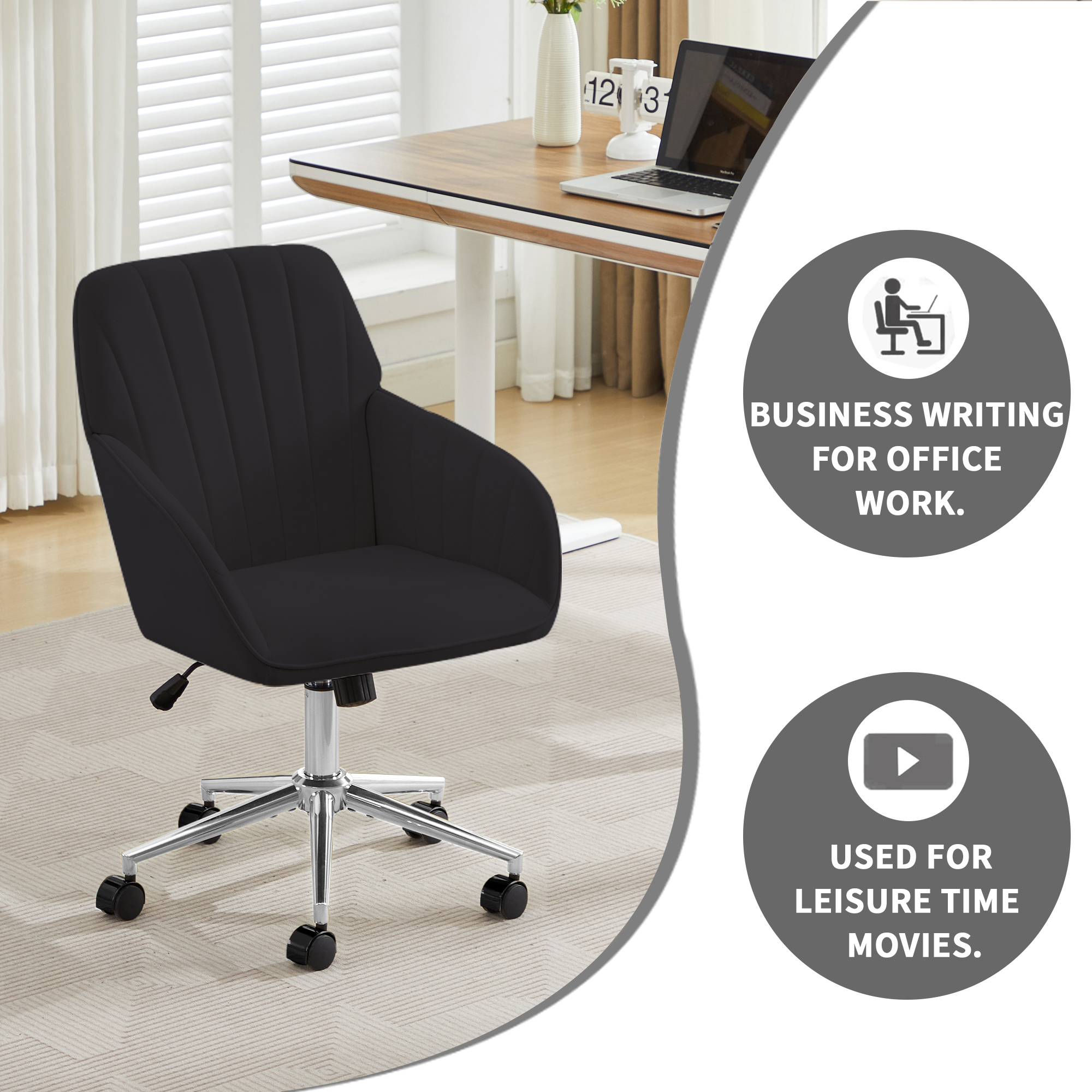 Chaise de bureau, 1 pièce, hauteur réglable, 60 x 60 x 97 cm, velours, noir - vue 6