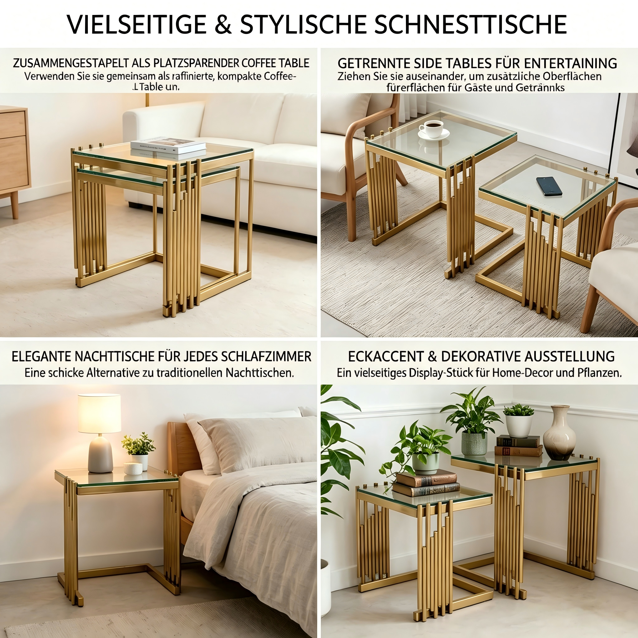 Ensemble de 2 tables basses gigognes en verre trempé, cadre acier inoxydable doré, design carré grand et petit, utilisation flexible, résistant aux chocs et rayures, pour salon, luxe et stabilité, look glamour - image 5