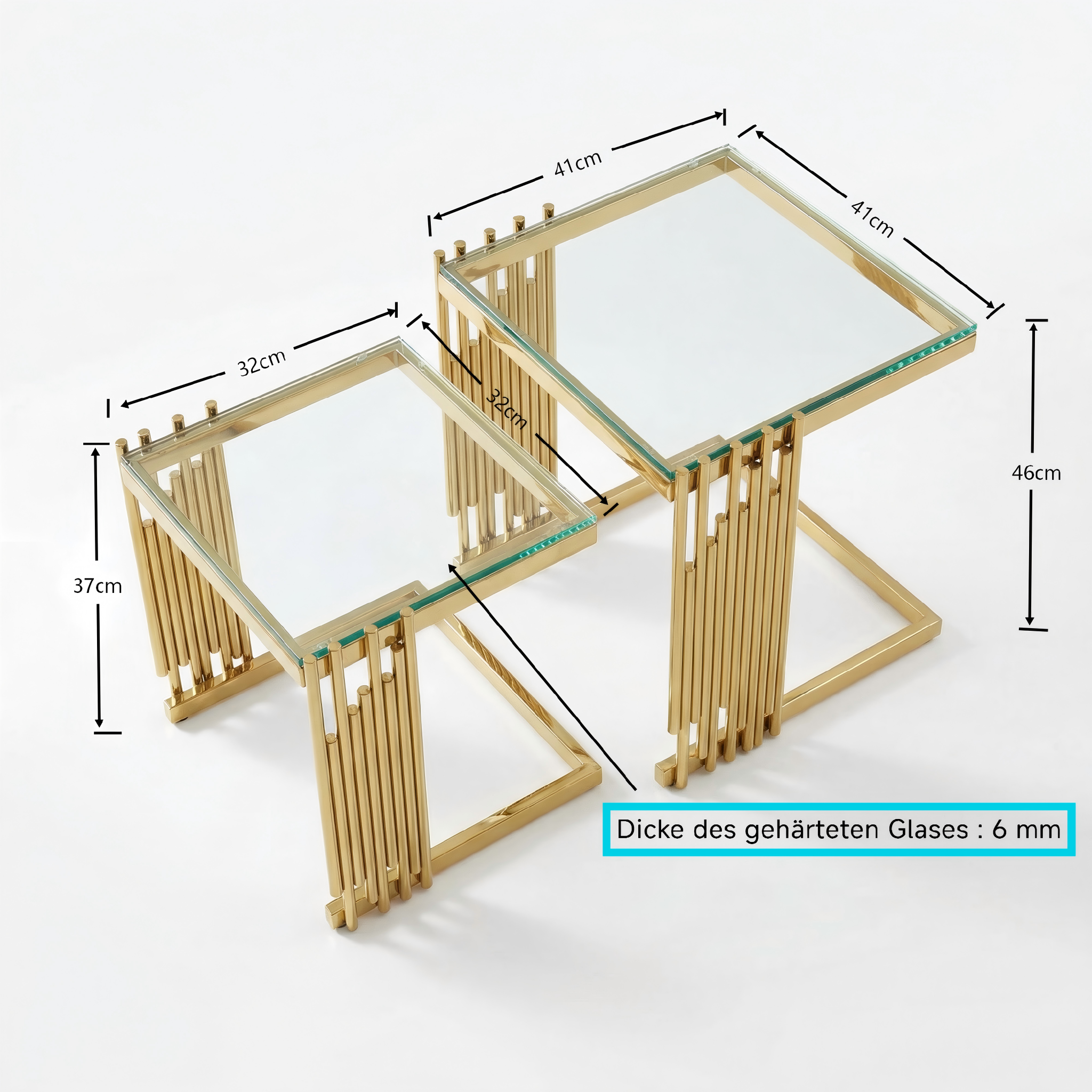 Ensemble de 2 tables basses gigognes en verre trempé, cadre acier inoxydable doré, design carré grand et petit, utilisation flexible, résistant aux chocs et rayures, pour salon, luxe et stabilité, look glamour - image 7