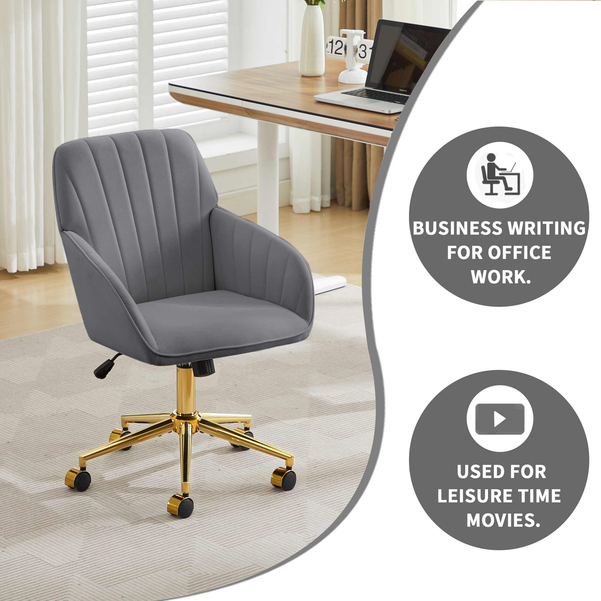 Chaise de bureau, 1 pièce, hauteur réglable, 60 x 60 x 97 cm, velours, gris - vue 7
