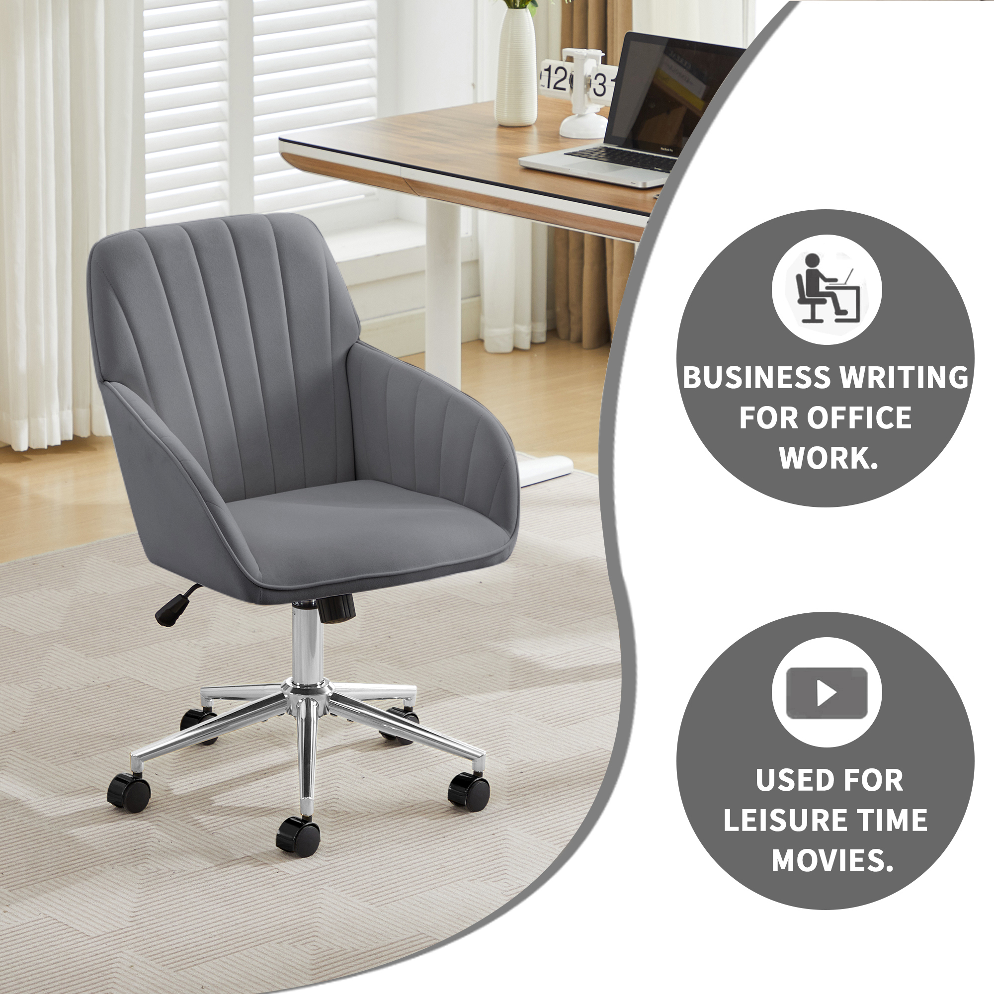 Chaise de bureau, 1 pièce, hauteur réglable, 60 x 60 x 97 cm, velours, gris - vue 5