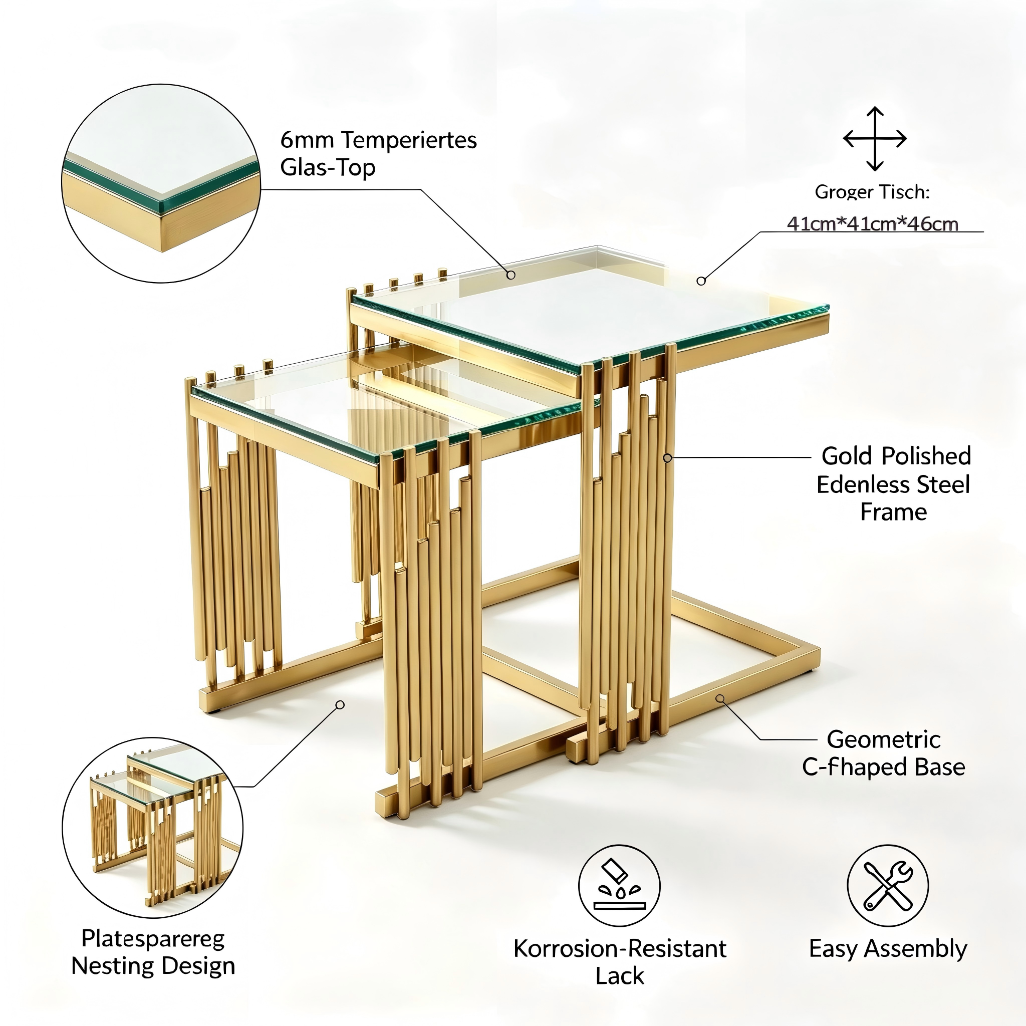 Ensemble de 2 tables basses gigognes en verre trempé, cadre acier inoxydable doré, design carré grand et petit, utilisation flexible, résistant aux chocs et rayures, pour salon, luxe et stabilité, look glamour - image 4