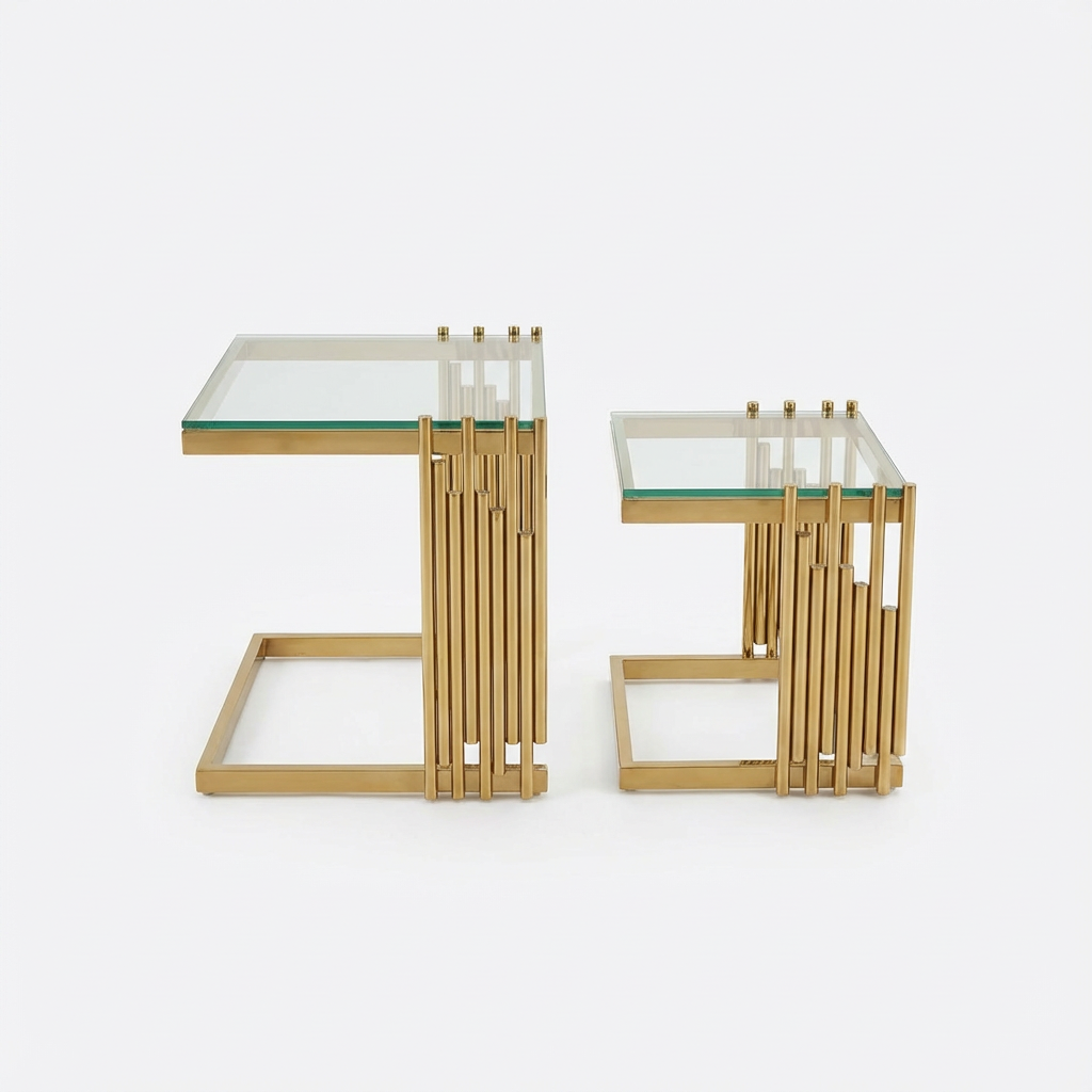 Ensemble de 2 tables basses gigognes en verre trempé, cadre acier inoxydable doré, design carré grand et petit, utilisation flexible, résistant aux chocs et rayures, pour salon, luxe et stabilité, look glamour - image 11