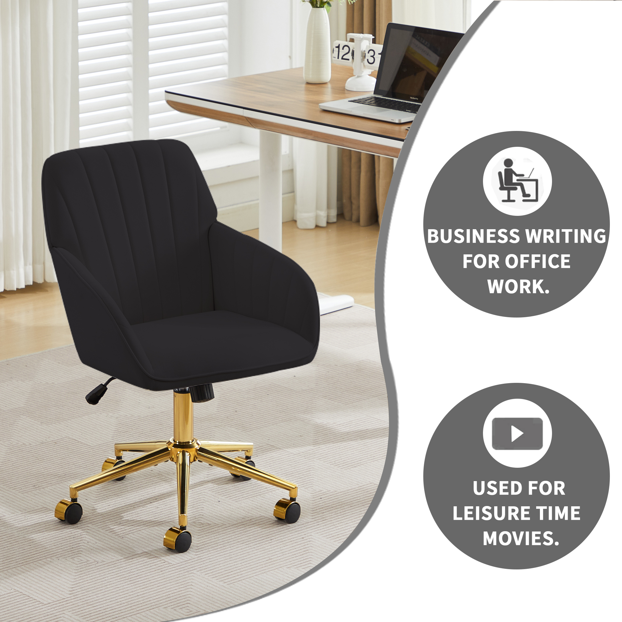 Chaise de bureau, 1 pièce, hauteur réglable, 60 x 60 x 97 cm, velours, noir - vue 6