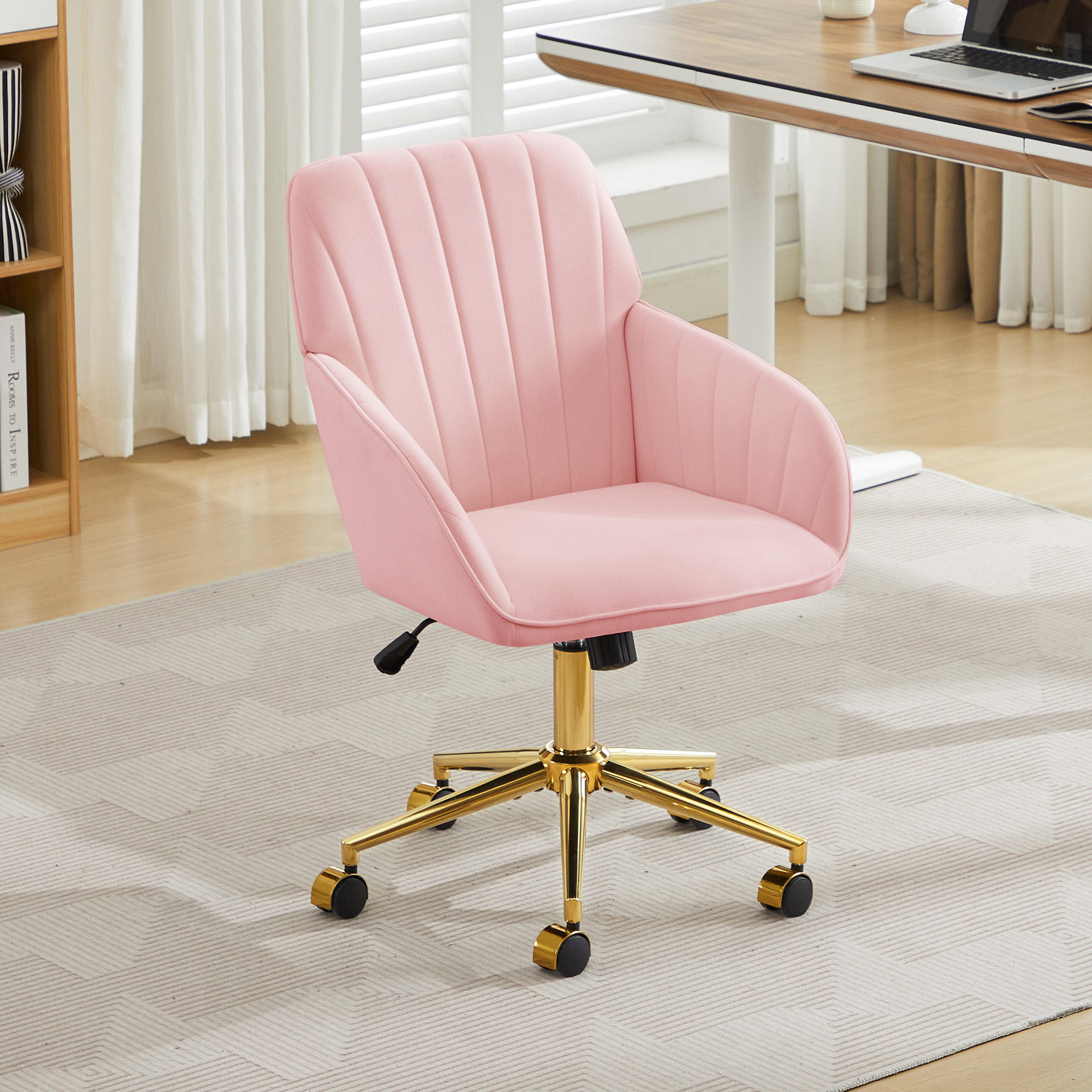 Chaise de bureau, 1 pièce, hauteur réglable, 60 x 60 x 97 cm, velours, rose - vue 2