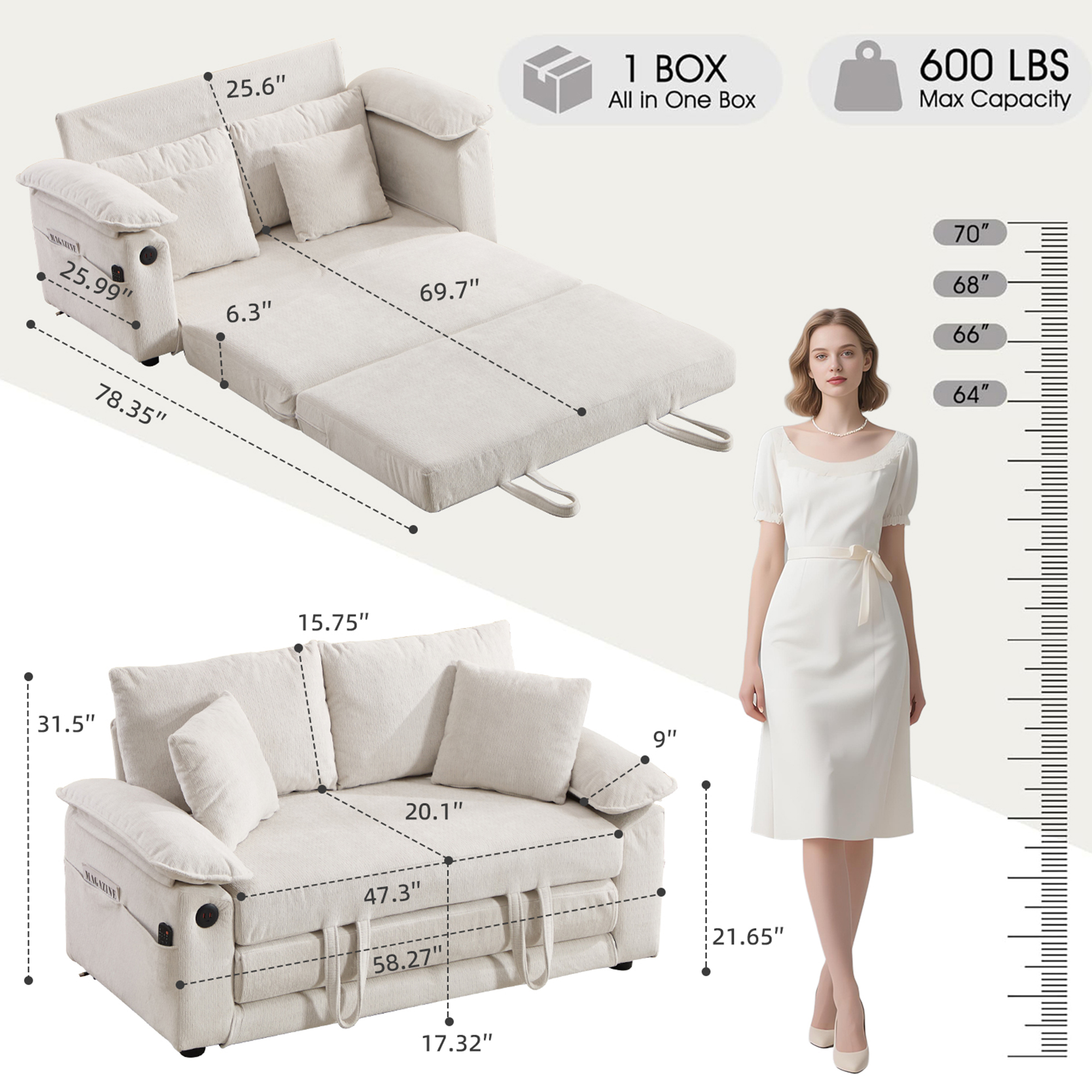Fauteuil lounge en cuir véritable avec pieds en bois massif, Blanc, 135 x 66 x 80 cm 🪑 - vue complémentaire 1