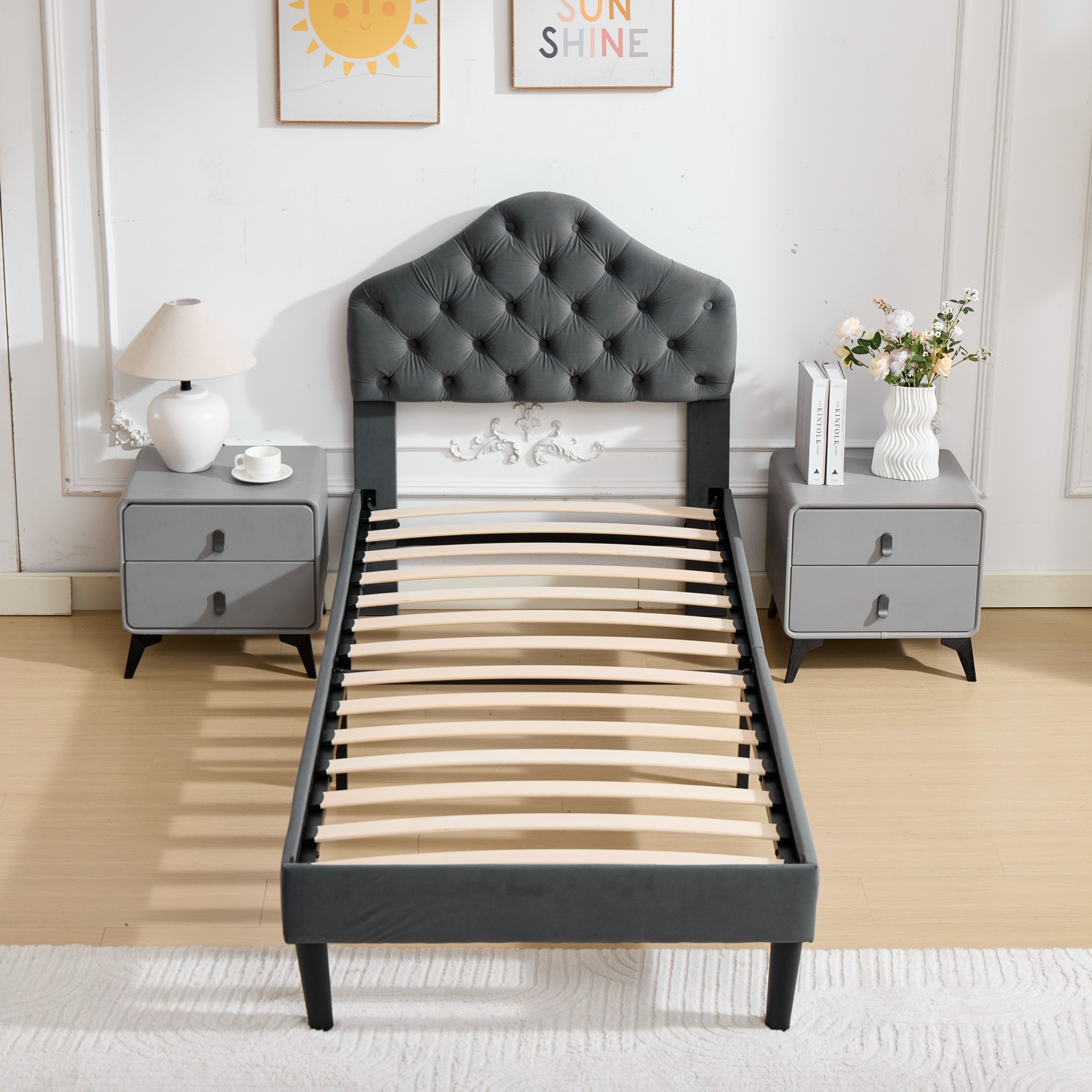 Lit en velours avec tête nuage réglable, barre renforcée, sommier bois lattes denses, pour chambre, confort supérieur, stabilité renforcée, design élégant, durabilité, utilisation flexible, style luxueux, fonctionnalité - image 14