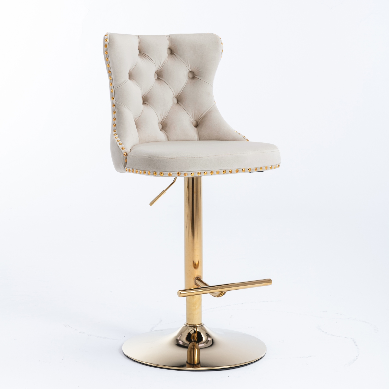 Tabouret de bar, 1 pièce, rotation à 360°, hauteur réglable, finition capitonnée, 46 x 46 x 115 cm, tissu rembourré et velours, beige - vue 3